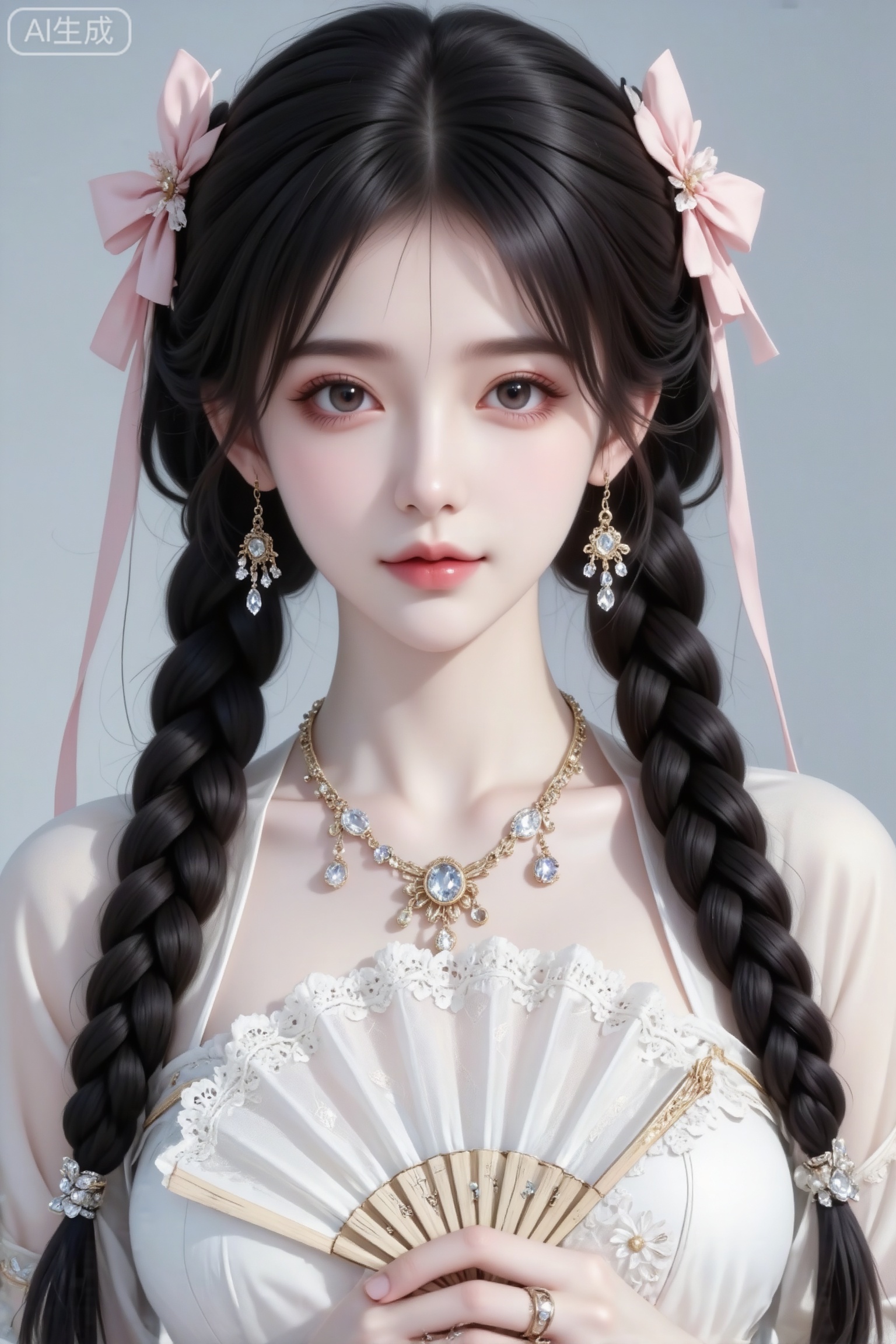 杰作级画质,顶级图像精度,超高清细节渲染,单人女性角色,（黑色亮丽的长发：1.4）,（比例优越的纤细长腿：1.3）,（肌肤白皙光滑的匀称美腿：1.4）,（挺拔饱满的D 罩杯曲线：1.4）,（精致立体的美颜五官：1.4）,美颜全开,光滑油亮的皮肤,水嫩的肌肤,一个女孩,
大家闺秀,真人,美女,皮肤雪白,亭亭玉立,华丽光影,高雅气质,超清画质,长发,两个麻花辫,浅粉色花饰,半身镜头,高细节,仙气,皮肤光泽水润,冷白皮,纱制衣服。楚楚可怜,自然光线。真人,绝美,白色古装,长发,精致水晶装饰全身,甜美系,手上有宫廷蕾丝折扇,身上大量蕾丝,粉色蝴蝶发饰结,绫罗绸缎锦绣纱元素,身上大量金银珠宝💎💍,和金银首饰,薇薇容颜绝美,正面照,超清晰画质,妆造精致,饰品精巧,可爱妆造,温柔大方,五官精致,面部清晰,（电影级面光：1.6）,（光线追踪：1.5）,（冷白皮漫感质感的光滑皮肤：1.7）,（人物有最好的骨相：1.2）,（网感脸：1.6）,身材完美,莫兰迪配色,高颜值网红,INS风,幼态脸,19岁女生尖下巴,三庭五眼比例均衡,身材娇小,细腻陶瓷水嫩肌肤,偏冷白皮,随机的妆容,随机的饰品,随机的动作,侧光,发丝轻飘,凌乱,随机角度拍摄,总体有很多的不确定性,但又好看,
风格甜美少女系,氛围慵懒俏皮,东方美女,年轻娇小,冷白皮气质美女,薇薇纯欲风,皮肤白皙,偶像气质,fairskin,气质的江南美女子,有点甜美,皮肤美白透亮,表情可爱,甜美氛围,细腻笔触,独特韵味的美,可爱表情