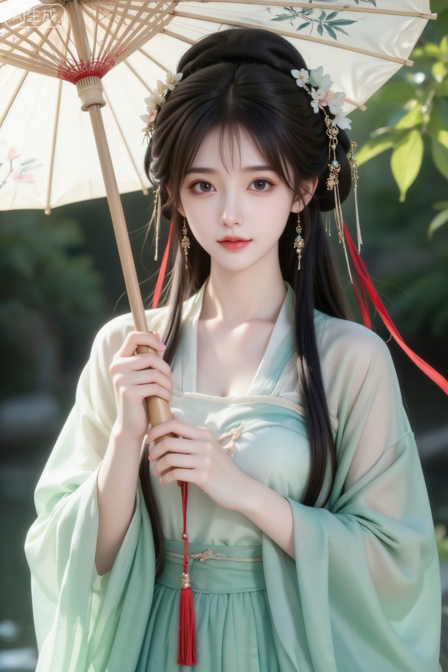 杰作级画质,顶级图像精度,超高清细节渲染,单人女性角色,（黑色亮丽的长发：1.4）,（比例优越的纤细长腿：1.3）,（肌肤白皙光滑的匀称美腿：1.4）,（挺拔饱满的D 罩杯曲线：1.4）,（精致立体的美颜五官：1.4）,美颜全开,光滑油亮的皮肤,水嫩的肌肤,一个女孩,
古风人像摄影,（电影级面光：1.6）,（光线追踪：1.5）,（冷白皮漫感质感的光滑皮肤：1.7）,（人物有最好的骨相：1.2）,（网感脸：1.6）,身材完美,莫兰迪配色,高颜值网红,INS风,幼态脸,19岁女生尖下巴,三庭五眼比例均衡,身材娇小,细腻陶瓷水嫩肌肤,偏冷白皮,随机的妆容,随机的饰品,随机的动作,侧光,发丝轻飘,凌乱,随机角度拍摄,总体有很多的不确定性,但又好看,
风格甜美少女系,氛围慵懒俏皮,东方美女年轻娇小,冷白皮气质美女,薇薇纯欲风,皮肤白皙,偶像气质,fairskin,气质的江南美女子,有点甜美,皮肤美白透亮,表情可爱,甜美氛围,细腻笔触,独特韵味的美,可爱表情,正面照,人物上半身特写。身着浅绿色渐变飘逸古风服饰,手持精美白色手绘油纸伞的人物,妆容清新自然,梳着古典发髻并搭配花朵珠饰发饰。人物衣袂随风飘动,背景为绿色树叶的自然环境,阳光从侧上方照射,营造出温暖且充满生机的氛围。整体呈现古典雅致、与自然融合且富有生机的古风人像效果,魏晋南北朝装扮,南北朝衣服,披发,细长红色飘带,绝世美女,淡彩华丽柔软材质服装,两鬓有细长流苏发饰,头戴古铜材质极繁超长流苏头链,垂下细流苏,