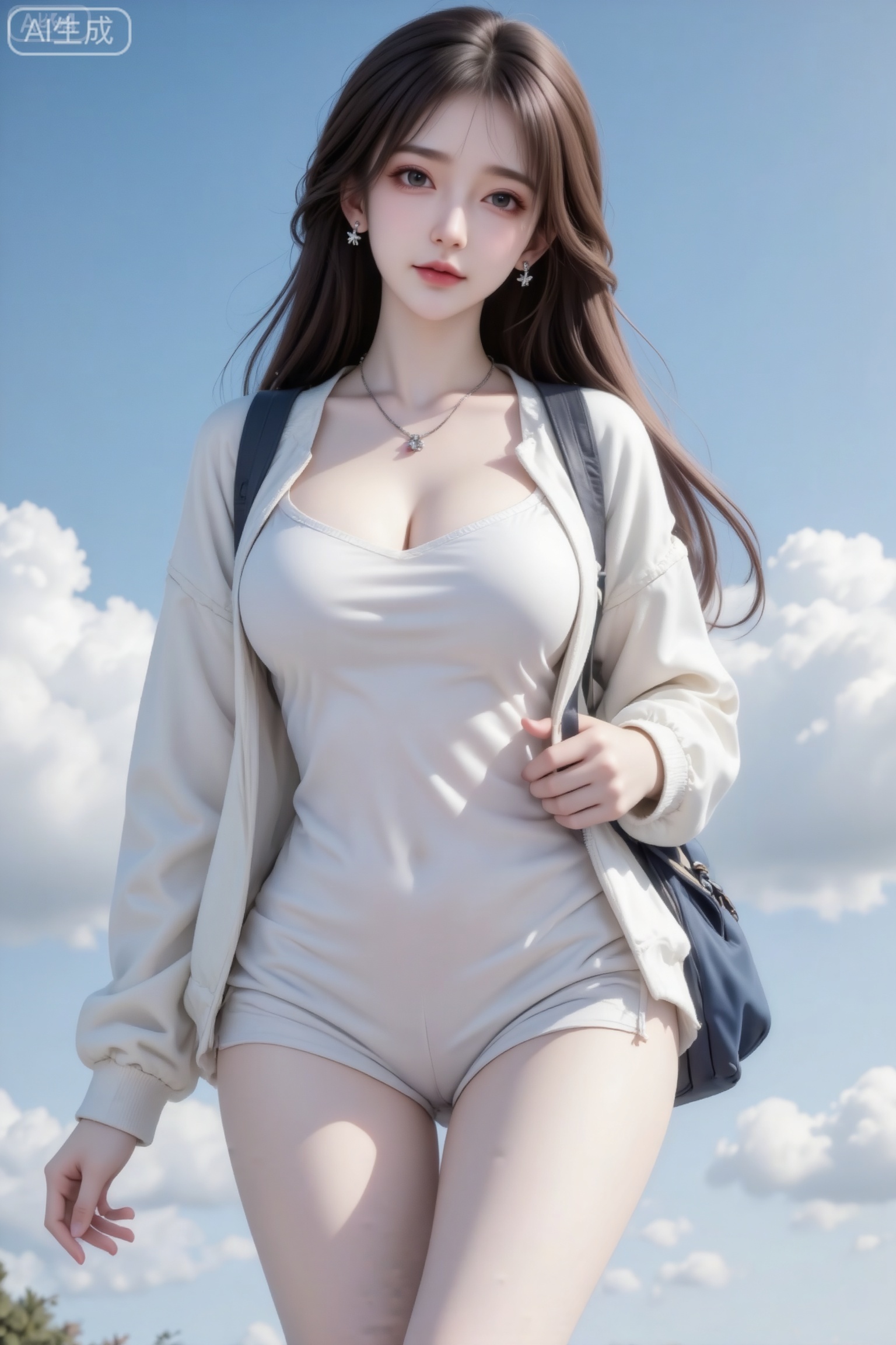 杰作级画质,顶级图像精度,超高清细节渲染,单人女性角色,（黑色亮丽的长发：1.4）,（比例优越的纤细长腿：1.3）,（肌肤白皙光滑的匀称美腿：1.4）,（挺拔饱满的D 罩杯曲线：1.4）,（精致立体的美颜五官：1.4）,美颜全开,光滑油亮的皮肤,水嫩的肌肤,一个女孩,
室外,一位棕色长发及腰、模样可爱的冷白皮女生,表情可爱,身着冬季随机搭配合理穿搭,其软糯的质感和清晰的层次十分突出。
s曲线身材,背着包包,戴耳钉,莫兰迪配色,高颜值,打光不均匀造成的轻微曝光过度,做可爱表情,眉清目秀,初恋感,表情自然松弛慵懒休闲,眼神很自然不失真,完美身材,皮肤质感白嫩清透,甜美女生,完美贴合身形；整体风格简约大气,又因修身剪裁,俏皮灵动,嫩白皙柔滑,氛围感,故事感,视觉冲击效果,高级感,动态感,32K,大师杰作,,三庭五眼,瓜子脸,清纯,展现冰瓷玉肌冷白皮绝世美人,中景照,少女感网拍,冷白皮超美女孩,清透裸妆,户外场景,仰拍镜头,正脸看镜头,蓝天白云,纯欲感,白嫩嫩的皮肤,如琼玉般润滑,软萌气质。慵懒外套白内衬。戴项链,日常快照风格,非精心构图打光,生活感强,无修饰感。