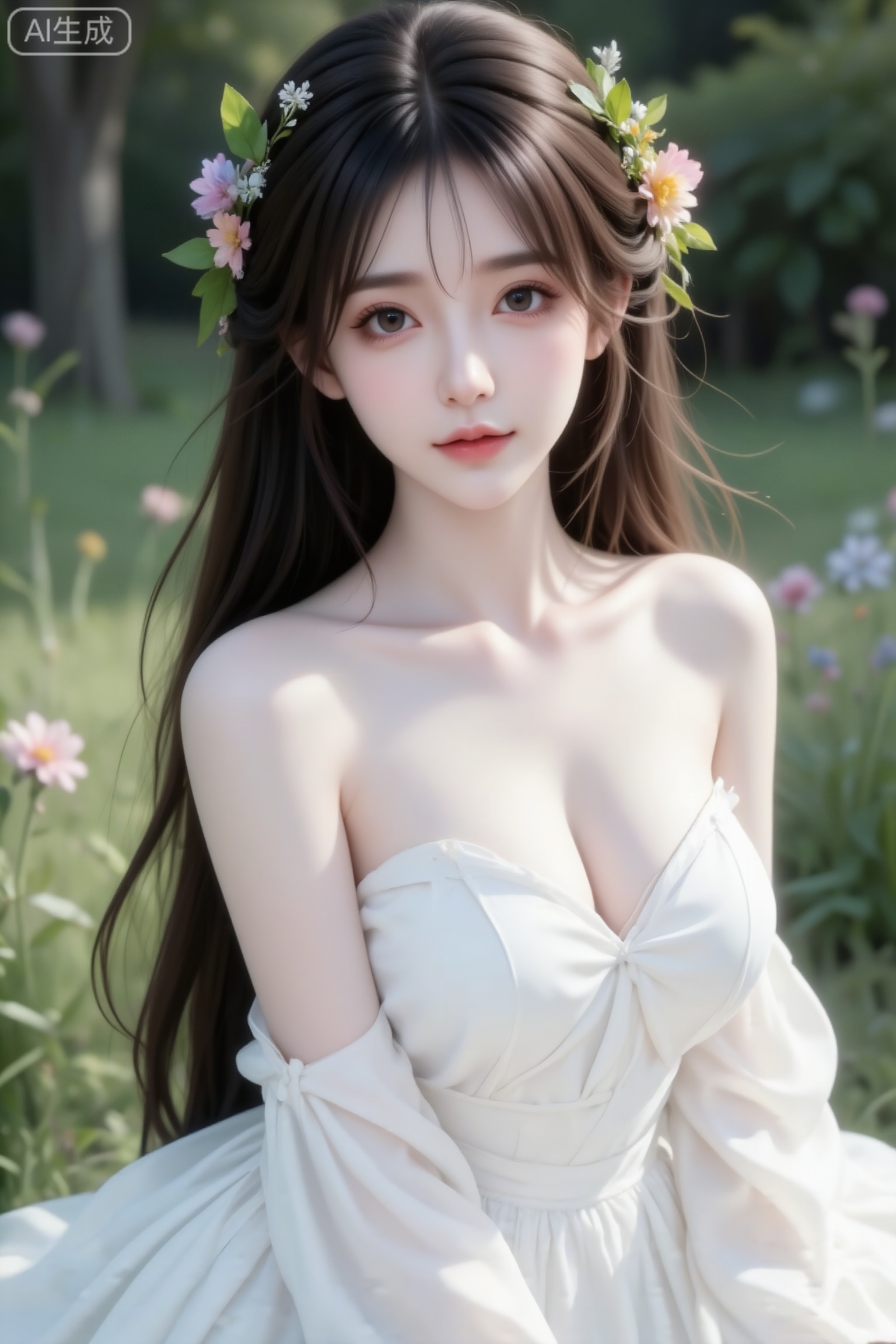 杰作级画质,顶级图像精度,超高清细节渲染,单人女性角色,（黑色亮丽的长发：1.4）,（比例优越的纤细长腿：1.3）,（肌肤白皙光滑的匀称美腿：1.4）,（挺拔饱满的D 罩杯曲线：1.4）,（精致立体的美颜五官：1.4）,美颜全开,光滑油亮的皮肤,水嫩的肌肤,一个女孩,
背景充满花草树木草,超清晰画质,妆造精致,饰品精巧,棕色长发上编织许多鲜花和叶子搭配,头发和鲜花花巧妙结合,身着白色飘逸长裙蓬松极简风格,细节完美,五官精致,突出头发凌乱美,面部清晰,清冷调。日常快照风格,非精心构图,非专业打光。（电影级面光：1.6）,（光线追踪：1.5）,（冷白皮漫感质感的光滑皮肤：1.7）,（人物有最好的骨相：1.2）,（网感脸：1.6）,（网感妆：1.6）身材完美,莫兰迪配色,高颜值网红,INS风,幼态脸,19岁女生尖下巴,三庭五眼比例均衡,细腻陶瓷水嫩肌肤,偏冷白皮,随机的妆容,随机的饰品,随机的动作,侧光,发丝轻飘,凌乱,随机角度拍摄,总体有很多的不确定性,但又好看,
风格甜美少女系,氛围慵懒俏皮,东方美女,年轻娇小,冷白皮气质美女,纯欲风,皮肤白皙,偶像气质,fairskin,气质的江南美女子,有点甜美,皮肤美白透亮,表情可爱,甜美氛围,细腻笔触,独特韵味的美,傲人身材,D cup,美颜全开,光滑雪白油亮水嫩的皮肤