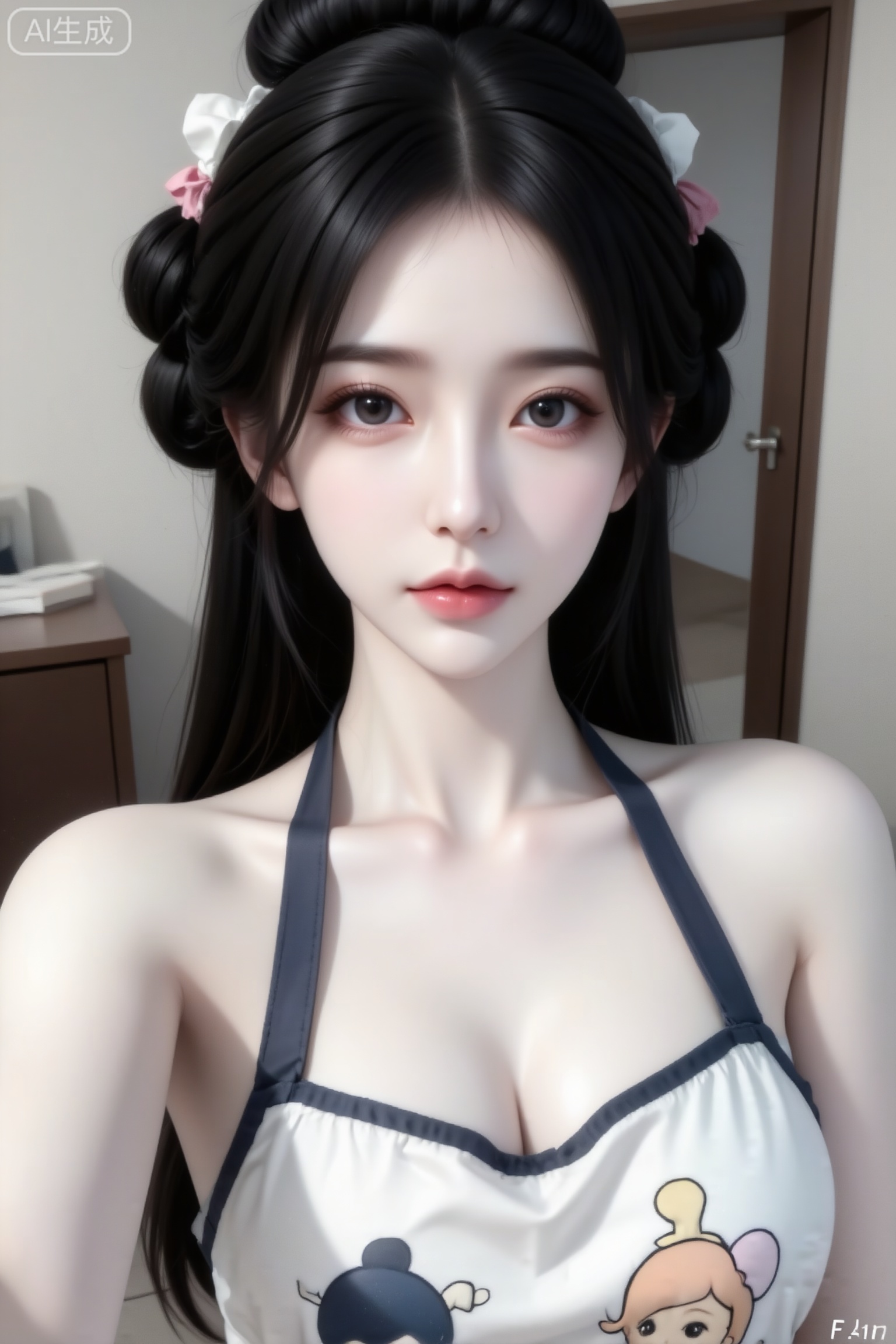 杰作级画质,顶级图像精度,超高清细节渲染,单人女性角色,（黑色亮丽的长发：1.4）,（比例优越的纤细长腿：1.3）,（肌肤白皙光滑的匀称美腿：1.4）,（挺拔饱满的D 罩杯曲线：1.4）,（精致立体的美颜五官：1.4）,美颜全开,光滑油亮的皮肤,水嫩的肌肤,一个女孩,
低饱和复古色调,颗粒感明显,噪点自然,镜头轻微晃动效果。自拍照、有一个女孩穿着卡通围裙,无内搭的超级多的头发梳成的丸子头的清冷少女,韩泰混血,冷白皮,正面看向镜头,背景是一个房间。傲人身材,D cup,美颜全开,光滑雪白油亮水嫩的皮肤