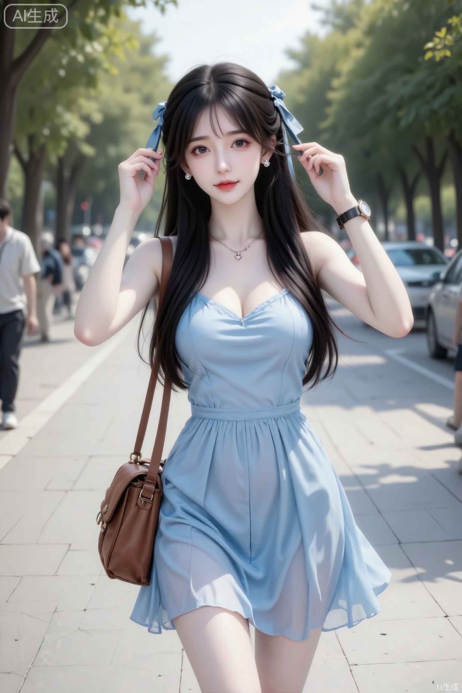 杰作级画质,顶级图像精度,超高清细节渲染,单人女性角色,（乌黑亮丽的长发：1.4）,（比例优越的纤细长腿：1.3）,（肌肤白皙光滑的匀称美腿：1.4）,（挺拔饱满的D 罩杯曲线：1.4）,（精致立体的美颜五官：1.4）,黄金比例惹火身段,体态窈窕挺拔,气质明艳动人,一个女孩,
一位年轻美女,身穿浅蓝色雪纺裙,s曲线身材,搭配棕色单肩包,整体造型时尚休闲且随性潮流,以自在随性的姿态被抓拍,展现出青春感和文艺范,洋溢着假期旅游的快乐,在夏日户外林荫道上,两旁树木高大,路上有车辆和行人,生活气息浓厚的街景,人像摄影,抓拍,青春文艺氛围,夏日清新风格。表情可爱黑长直深色长发系带束缚,年轻娇小,发丝呈现出自然的蓬松感与垂坠感,长发散落于肩头两侧,冷白皮气质美女,纯欲风,皮肤白皙,偶像气质,fairskin,光滑,水润质感,身材完美,背着包包,戴耳钉,戴手表,戴项链,做可爱表情,眉清目秀,初恋感,眼神很自然不失真,完美身材,皮肤质感白嫩清透,甜美女生,完美贴合身形；整体风格简约大气,又因修身剪裁,俏皮灵动,嫩白皙柔滑,氛围感,故事感,视觉冲击效果,高级感,动态感,32K,大师杰作。梦幻,冷白皮,必须身材完美,肌肤雪白有光泽。整体画面必须清新明亮干净。随机表情,随机的淡妆容,随机发型和颜色,随机的动作,随机的光影,随机角度,总体有很多的不确定性,但又好看,搭配又很合理,最高等级画质,CCD拍摄,情绪片,极简风,唯美迷人,优雅气质,偶像气质,高级感,三庭五眼,瓜子脸,清纯,展现冰瓷玉肌冷白皮绝世美人,近照