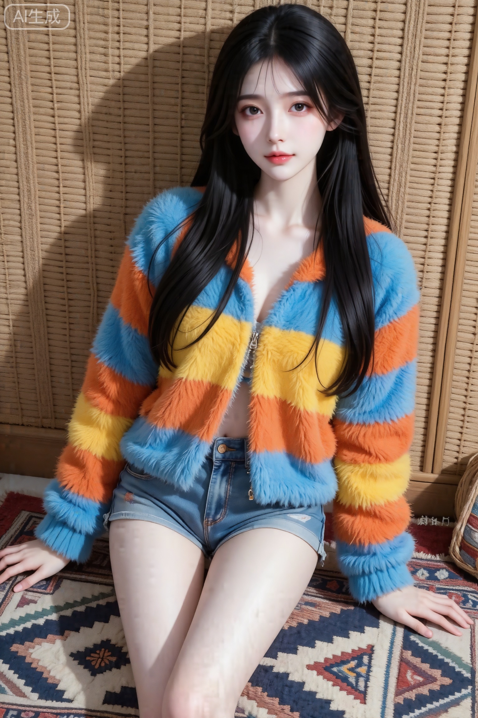杰作级画质,顶级图像精度,超高清细节渲染,单人女性角色,（乌黑亮丽的长发：1.4）,（比例优越的纤细长腿：1.3）,（肌肤白皙光滑的匀称美腿：1.4）,（挺拔饱满的D 罩杯曲线：1.4）,（精致立体的美颜五官：1.4）,黄金比例惹火身段,体态窈窕挺拔,气质明艳动人,一个女孩,
真实摄影,身穿蓝橙黄条纹毛绒外套,牛仔短裤,站在带有几何花纹的地毯上,背景是编织质感的墙面,光线柔和,氛围温暖舒适、波西米亚风,整体风格慵懒、治愈,充满居家松弛的氛围感、都市休闲,（电影级面光：1.6）,（光线追踪：1.5）,（冷白皮漫感质感的光滑皮肤：1.7）,（人物有最好的骨相：1.2）,（网感脸：1.6）,（网感妆：1.6）S形身材,身材完美,莫兰迪配色,高颜值网红,INS风,幼态脸,19岁女生尖下巴,三庭五眼比例均衡,身材娇小,细腻陶瓷水嫩肌肤,偏冷白皮,随机的妆容,随机的饰品,随机的动作,侧光,发丝轻飘,凌乱,随机角度拍摄,总体有很多的不确定性,但又好看,
风格甜美少女系,氛围慵懒俏皮,东方美女,黑长直,年轻娇小,发丝呈现出自然的蓬松感与垂坠感,长发散落于肩头两侧,几缕发丝拂面,冷白皮气质美女,薇薇纯欲风,皮肤白皙,偶像气质,fairskin,气质的江南美女子,有点甜美,皮肤美白透亮,表情可爱,甜美氛围,细腻笔触,独特韵味的美,构图优美,绝美角度拍摄