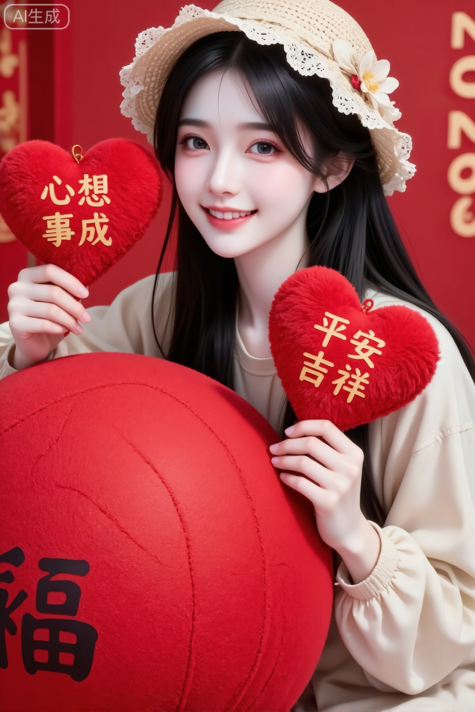 杰作级画质,顶级图像精度,超高清细节渲染,单人女性角色,（黑色亮丽的长发：1.4）,（比例优越的纤细长腿：1.3）,（肌肤白皙光滑的匀称美腿：1.4）,（挺拔饱满的D 罩杯曲线：1.4）,（精致立体的美颜五官：1.4）,美颜全开,光滑油亮的皮肤,水嫩的肌肤,一个女孩,
真实摄影,黑色长发,戴着米色蕾丝花边草帽,穿着浅米色宽松上衣,侧开心与镜头互动脸上带着甜美的笑容,眼神明亮地看向镜头,姿态俏皮又透着新年的欢快劲儿,两手各拿着个毛绒绒的红色爱心挂饰——左边写着“心想事成”,右边写着“平安吉祥”,绒面质感柔软又喜庆。整体风格清新、文艺,充满春日与田园融合的温柔氛围感,（19岁江南美女子,东方美女,高颜值纯欲少女,idol气质,脸型精致,精致脸蛋,）（电影级面光：1.6）,（光线追踪：1.5）,（冷白皮漫感质感的光滑皮肤：1.7）,（人物有最好的骨相：1.2）,（网感脸：1.6）,身材完美,莫兰迪配色,高颜值网红,INS风,幼态脸,19岁女生尖下巴,三庭五眼比例均衡,身材娇小,细腻陶瓷水嫩肌肤,偏冷白皮,随机的妆容,随机的饰品,随机的动作,侧光,发丝轻飘,凌乱,随机角度拍摄,总体有很多的不确定性,但又好看,
风格甜美少女系,氛围慵懒俏皮,东方美女年轻娇小,冷白皮气质美女,薇薇纯欲风,皮肤白皙,偶像气质,fairskin,气质的江南美女子,有点甜美,皮肤美白透亮,表情可爱,甜美氛围,细腻笔触,独特韵味的美,可爱表情,正面照,近景人物上半身特写,美女是核心视觉主体,居中偏下占据画面约80%的空间,靠在一个超大超大巨大的红色圆球边,圆球是绒面,上面有个“福”字,背景是中国红,还有若隐若现的“2026”构图舒展且聚焦人物,新年氛围活泼亮眼。
