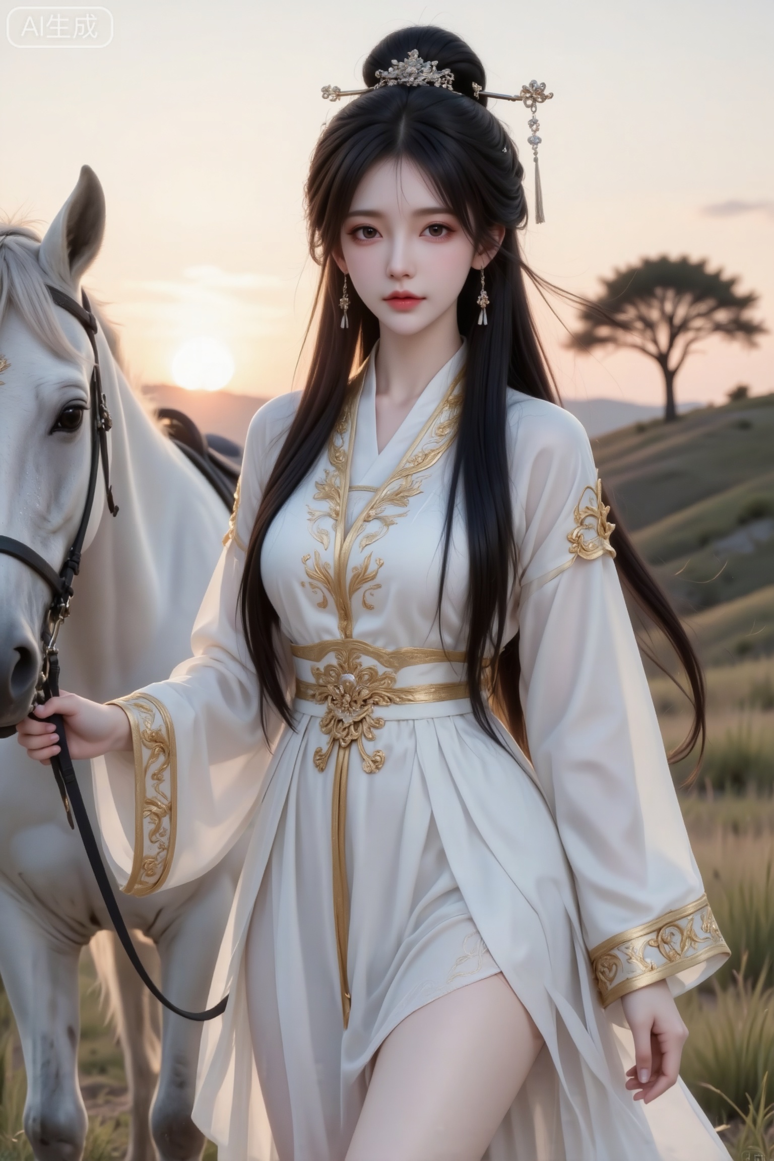 杰作级画质,顶级图像精度,超高清细节渲染,单人女性角色,（黑色亮丽的长发：1.4）,（比例优越的纤细长腿：1.3）,（肌肤白皙光滑的匀称美腿：1.4）,（挺拔饱满的D 罩杯曲线：1.4）,（精致立体的美颜五官：1.4）,美颜全开,光滑油亮的皮肤,水嫩的肌肤,一个女孩,
（电影级面光：1.6）,（光线追踪：1.5）,（冷白皮漫感质感的光滑皮肤：1.7）,（人物有最好的骨相：1.2）,（网感脸：1.6）,（网感妆：1.6）身材完美,莫兰迪配色,高颜值网红,INS风,幼态脸,19岁女生尖下巴,三庭五眼比例均衡,身材娇小,细腻陶瓷水嫩肌肤,偏冷白皮,随机的妆容,随机的饰品,随机的动作,侧光,发丝轻飘,凌乱,随机角度拍摄,总体有很多的不确定性,但又好看,
风格甜美少女系,氛围慵懒俏皮,东方美女,黑长直,年轻娇小,发丝呈现出自然的蓬松感与垂坠感,长发散落于肩头两侧,几缕发丝拂面,冷白皮气质美女,纯欲风,皮肤白皙,偶像气质,fairskin,气质的江南美女子,有点甜美,皮肤美白透亮,甜美氛围,细腻笔触,独特韵味的美,身着华美汉服的女子：她长发高挽,几缕鬓发垂落,发间点缀精致簪饰,气质端庄。身着白色广袖汉服,袖口与衣襟处绣有金色花纹纹饰,层叠的衣料随风轻摆,华丽而大气。牵着白骏马,黄昏旷野/落日熔金/孤树剪影/低缓草坡,江湖孤高,侠骨柔情,天涯漂泊,苍茫辽阔,电影级画面