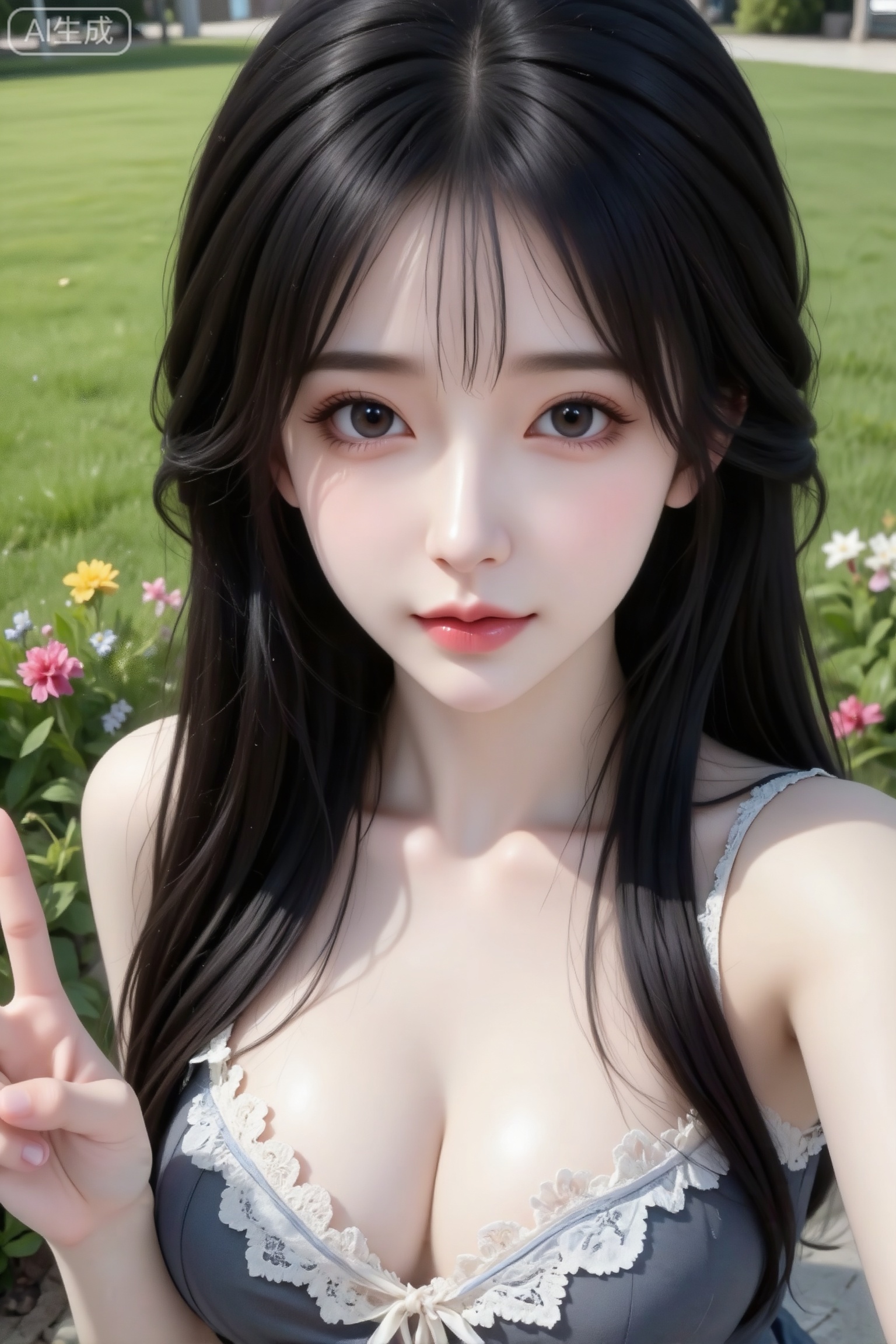 杰作级画质,顶级图像精度,超高清细节渲染,单人女性角色,（黑色亮丽的长发：1.4）,（比例优越的纤细长腿：1.3）,（肌肤白皙光滑的匀称美腿：1.4）,（挺拔饱满的D 罩杯曲线：1.4）,（精致立体的美颜五官：1.4）,美颜全开,光滑油亮的皮肤,水嫩的肌肤,一个女孩,
人像摄影,白天自然光,日常快照风格,脸部特写,非精心构图或打光,一位长发美女,冷白皮,少女气质,活泼可爱,时尚蕾丝边长裙,灵动可爱大眼睛,皮肤白皙,发丝清晰可见,底妆通透,肤色均匀自然,纯欲风。站在街上比耶,表情可爱,后面是绿色大树和草坪、鲜花。全身特写。傲人身材,D cup,美颜全开,光滑雪白油亮水嫩的皮肤