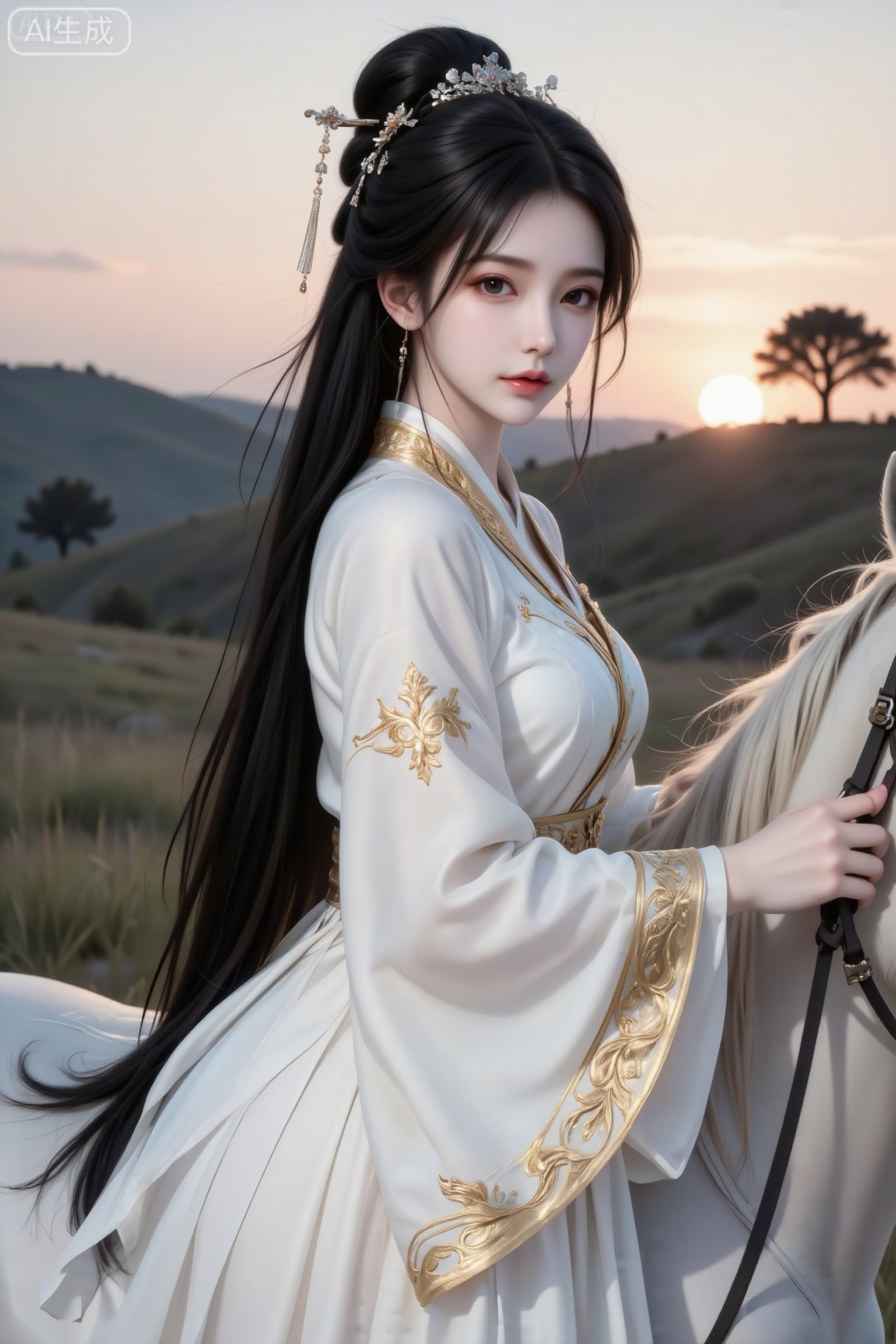 杰作级画质,顶级图像精度,超高清细节渲染,单人女性角色,（黑色亮丽的长发：1.4）,（比例优越的纤细长腿：1.3）,（肌肤白皙光滑的匀称美腿：1.4）,（挺拔饱满的D 罩杯曲线：1.4）,（精致立体的美颜五官：1.4）,美颜全开,光滑油亮的皮肤,水嫩的肌肤,一个女孩,
（电影级面光：1.6）,（光线追踪：1.5）,（冷白皮漫感质感的光滑皮肤：1.7）,（人物有最好的骨相：1.2）,（网感脸：1.6）,（网感妆：1.6）身材完美,莫兰迪配色,高颜值网红,INS风,幼态脸,19岁女生尖下巴,三庭五眼比例均衡,身材娇小,细腻陶瓷水嫩肌肤,偏冷白皮,随机的妆容,随机的饰品,随机的动作,侧光,发丝轻飘,凌乱,随机角度拍摄,总体有很多的不确定性,但又好看,
风格甜美少女系,氛围慵懒俏皮,东方美女,黑长直,年轻娇小,发丝呈现出自然的蓬松感与垂坠感,长发散落于肩头两侧,几缕发丝拂面,冷白皮气质美女,纯欲风,皮肤白皙,偶像气质,fairskin,气质的江南美女子,有点甜美,皮肤美白透亮,甜美氛围,细腻笔触,独特韵味的美,身着华美汉服的女子：她长发高挽,几缕鬓发垂落,发间点缀精致簪饰,气质端庄。身着白色广袖汉服,袖口与衣襟处绣有金色花纹纹饰,层叠的衣料随风轻摆,华丽而大气。牵着白骏马,黄昏旷野/落日熔金/孤树剪影/低缓草坡,江湖孤高,侠骨柔情,天涯漂泊,苍茫辽阔,电影级画面,