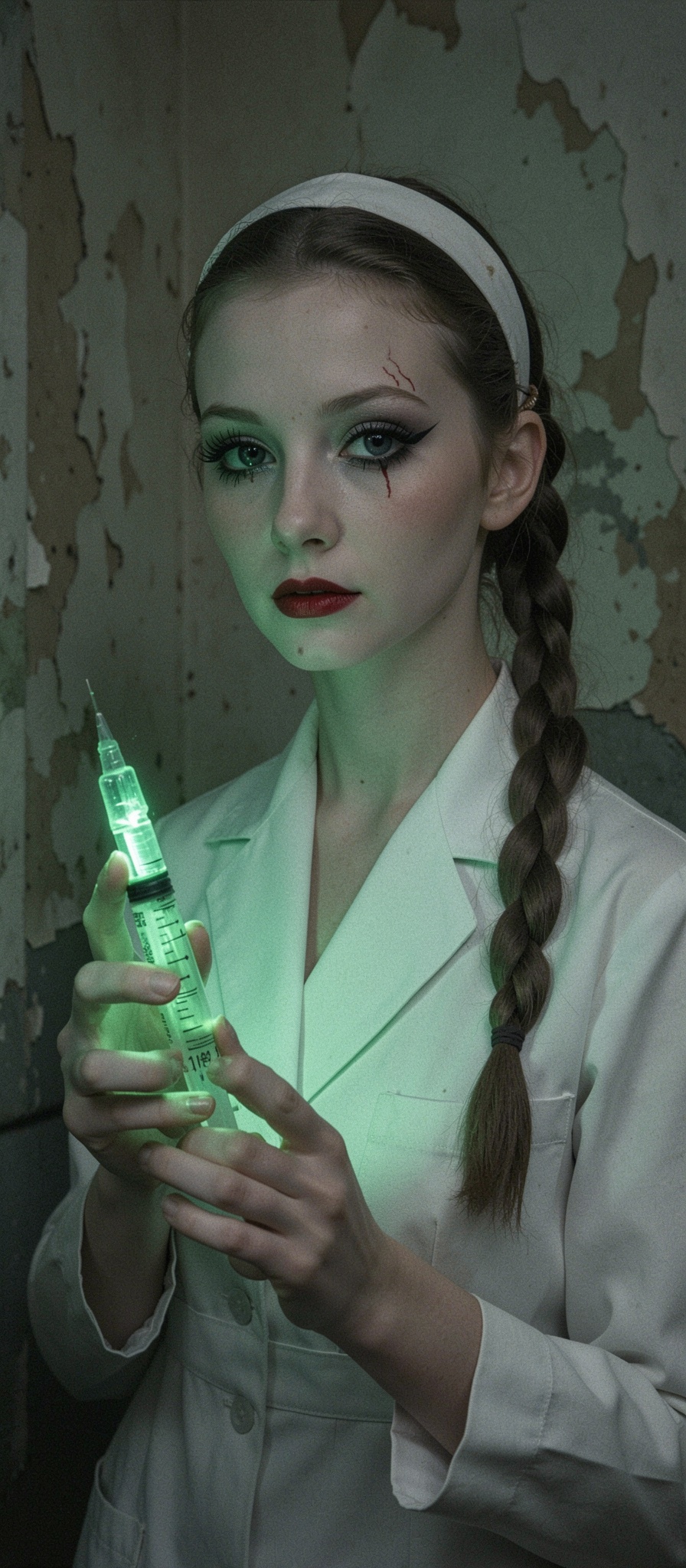 The eerie glow of the green-lit syringe casts an unnatural light on the nurse's porcelain skin,  accentuating her haunting...