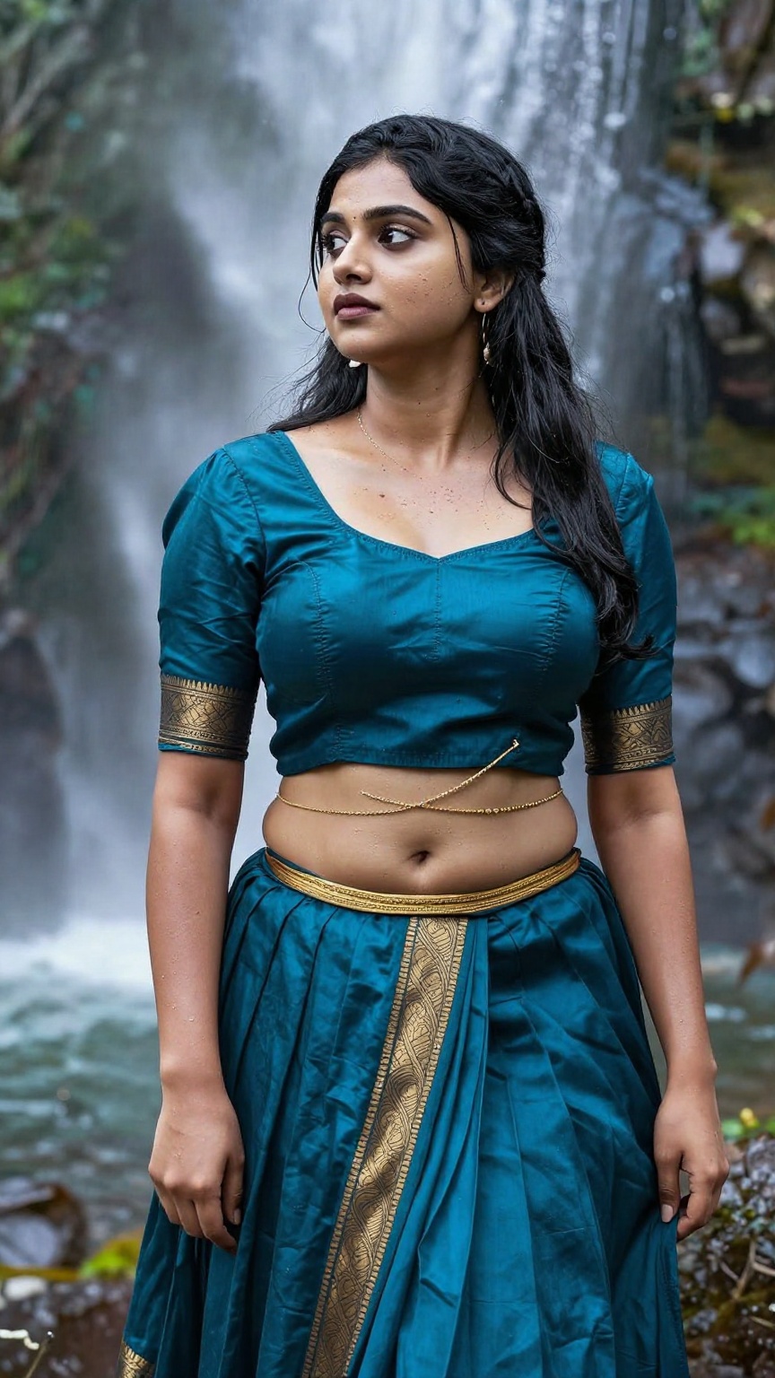 ultra realistic fair-skinned Kerala woman standing beside a misty waterfall in Munnar,  wearing a teal blue pattu pavada s...