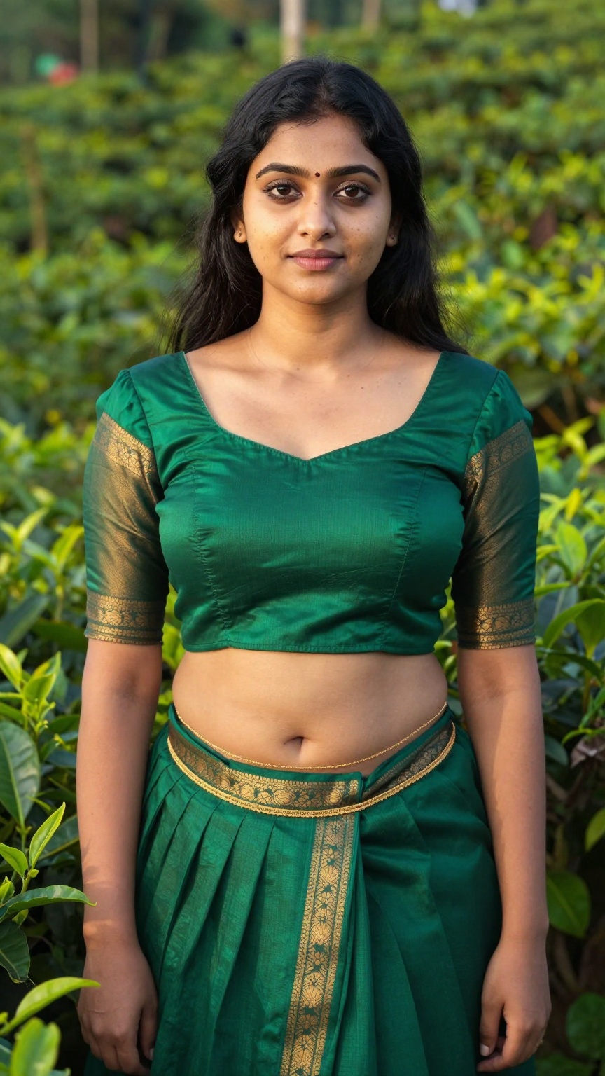 ultra realistic fair-skinned Kerala woman standing in a lush tea plantation during golden hour,  wearing an emerald green...