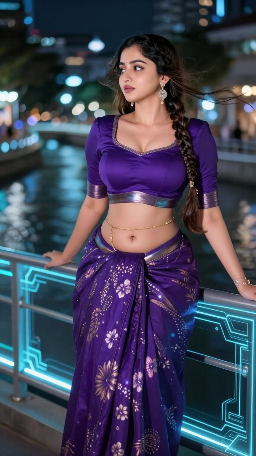 ultra realistic fair-skinned Kerala woman leaning against a holographic railing overlooking a futuristic canal,  wearing a...