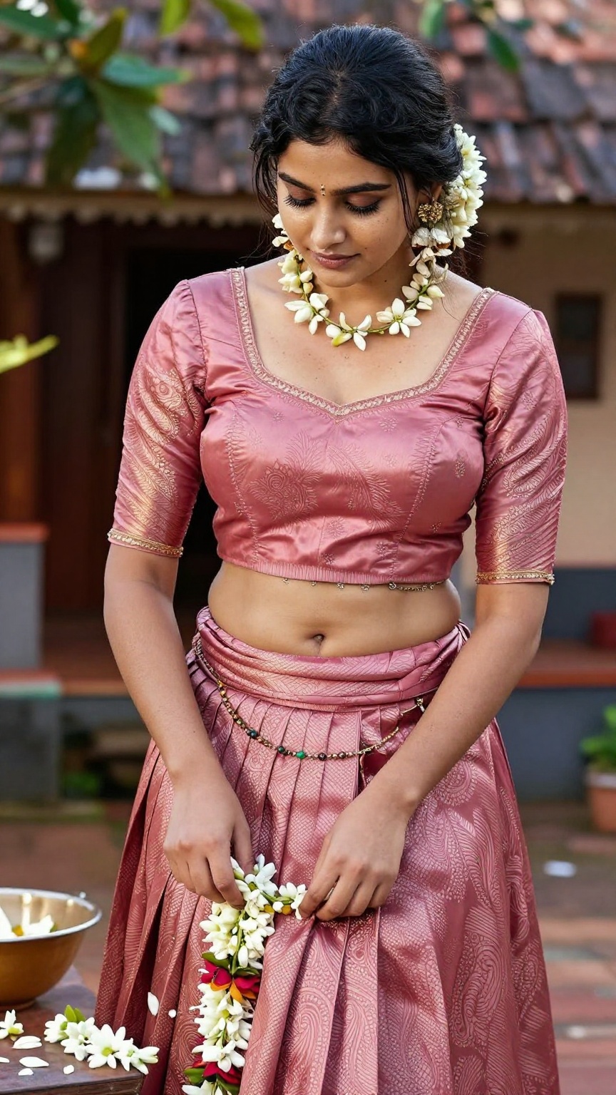 ultra realistic fair-skinned Kerala woman arranging flower garlands in a village courtyard,  wearing a rose pink silk patt...