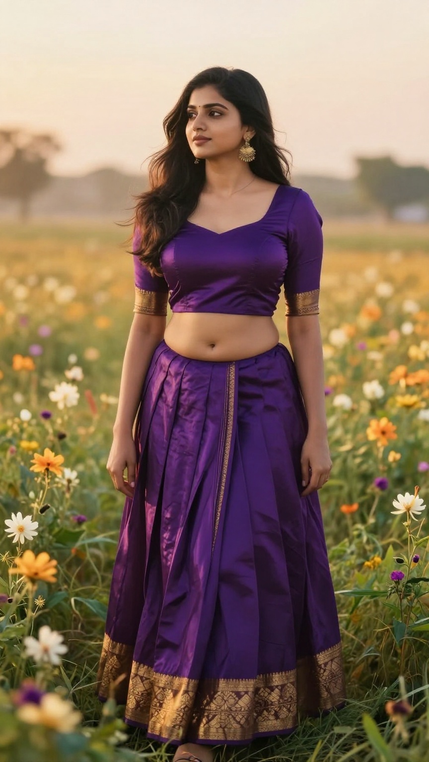 ultra realistic fair-skinned Kerala woman standing among blooming flower fields at sunrise,  wearing a deep purple pattu p...