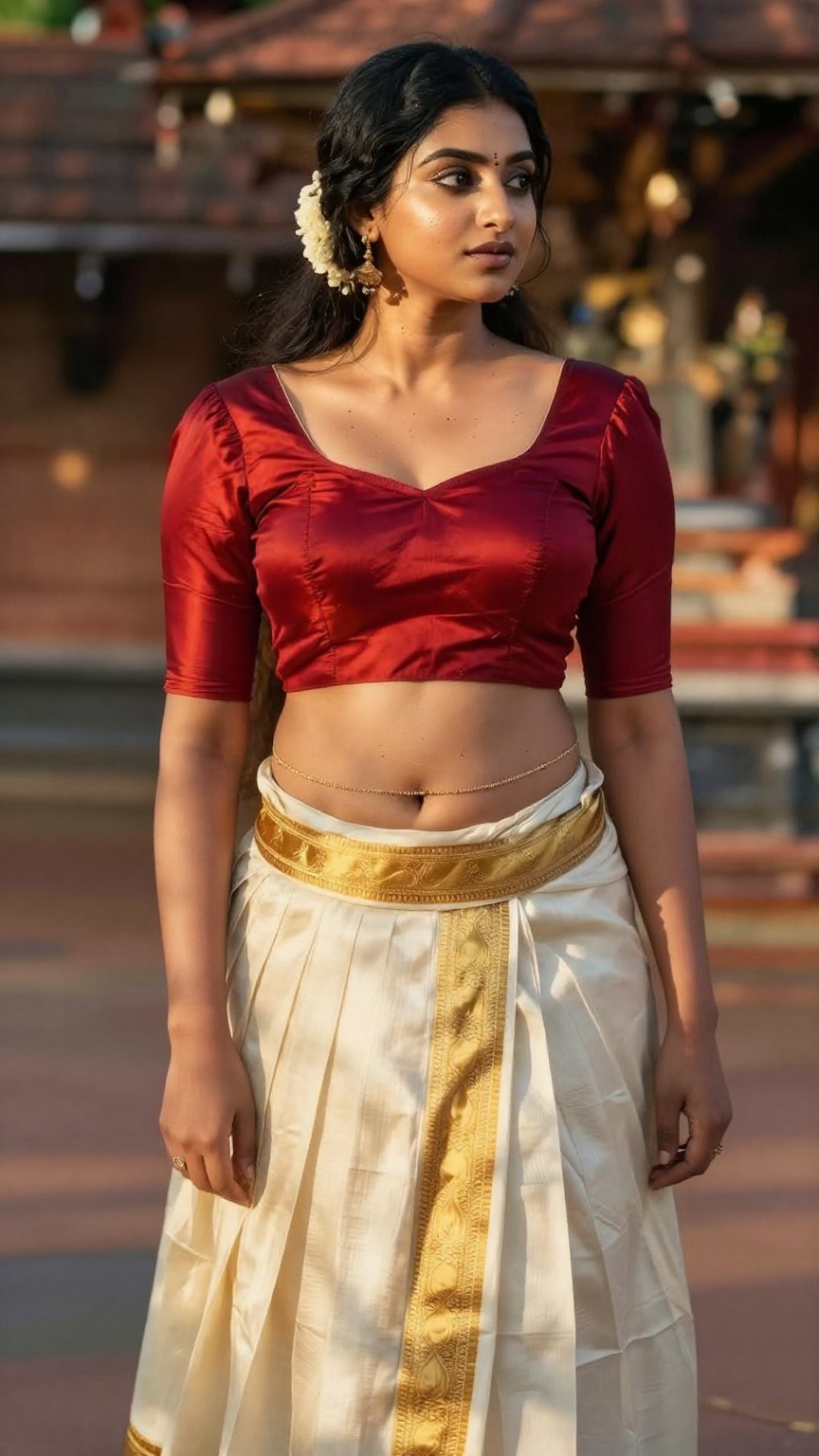 ultra realistic fair-skinned Kerala woman standing near a traditional Kerala temple courtyard,  wearing an ivory pattu pav...