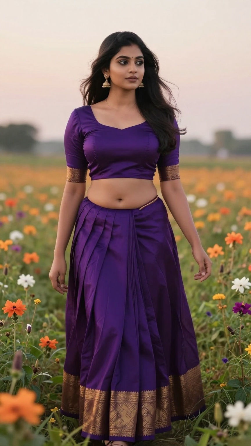 ultra realistic fair-skinned Kerala woman standing among blooming flower fields at sunrise,  wearing a deep purple pattu p...