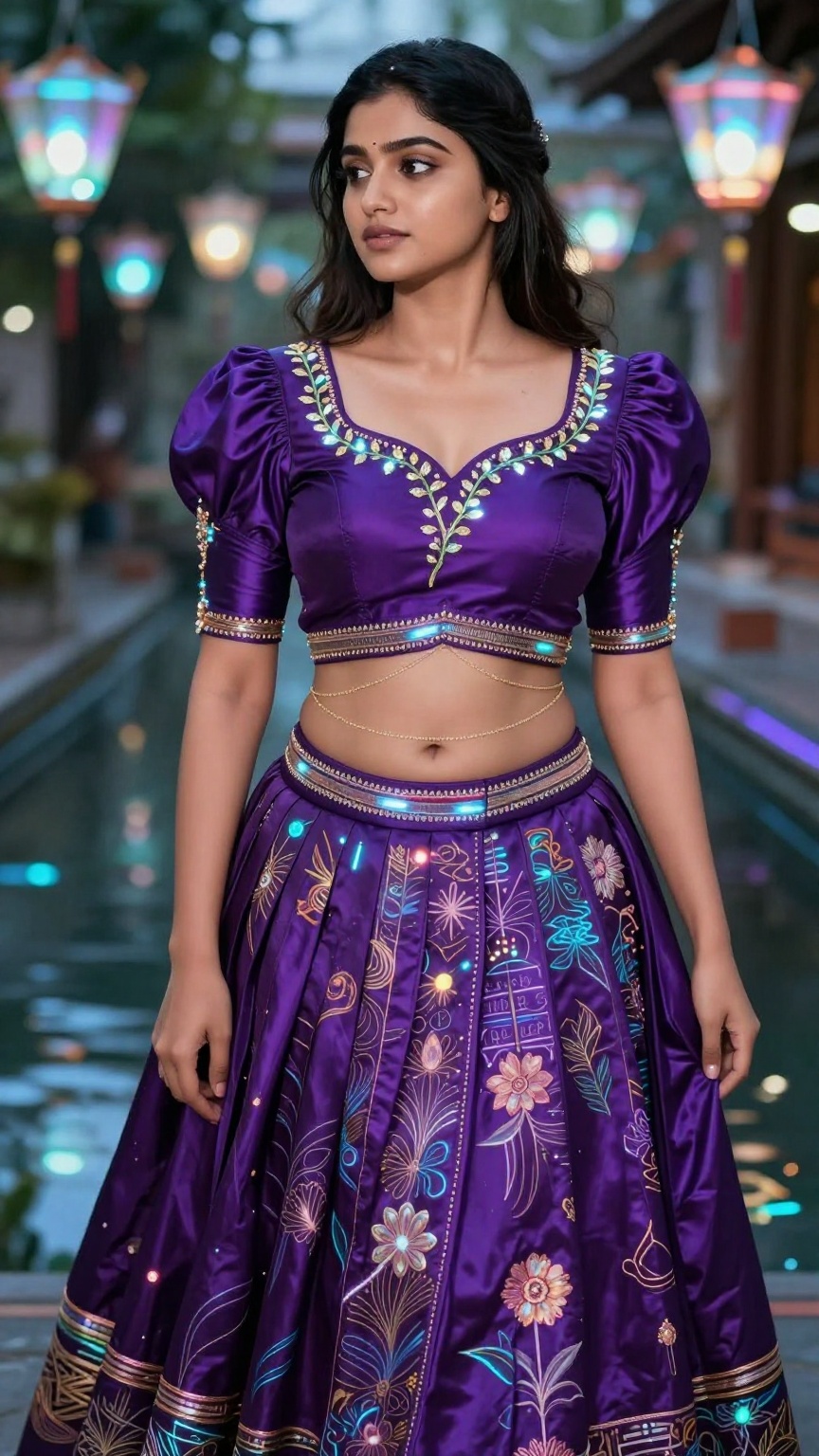 ultra realistic fair-skinned Kerala woman beside a futuristic canal illuminated by holographic lanterns,  wearing a rich v...