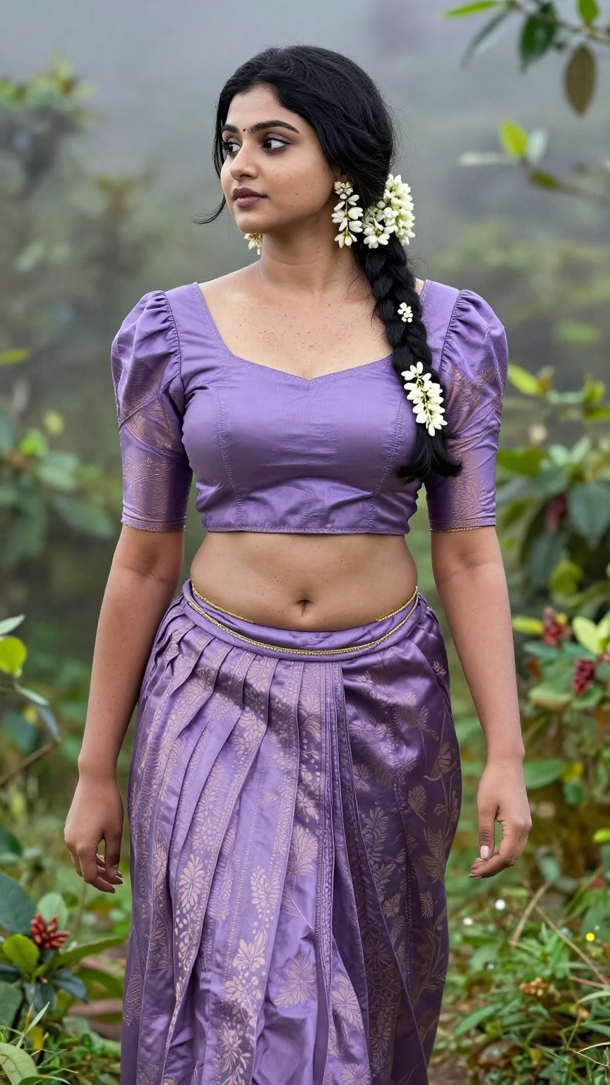 ultra realistic fair-skinned Kerala woman walking through a misty cardamom plantation in the Western Ghats,  wearing a sof...