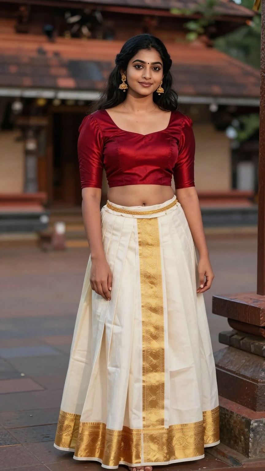 ultra realistic fair-skinned Kerala woman standing near a traditional Kerala temple courtyard,  wearing an ivory pattu pav...