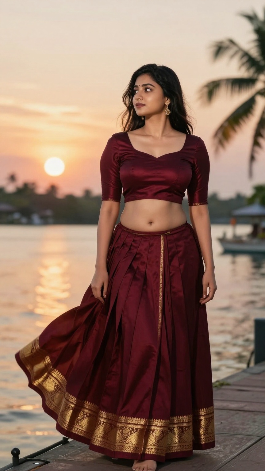 ultra realistic woman standing beside Kerala backwaters at sunset,  wearing a deep maroon pattu pavada skirt with rich gol...