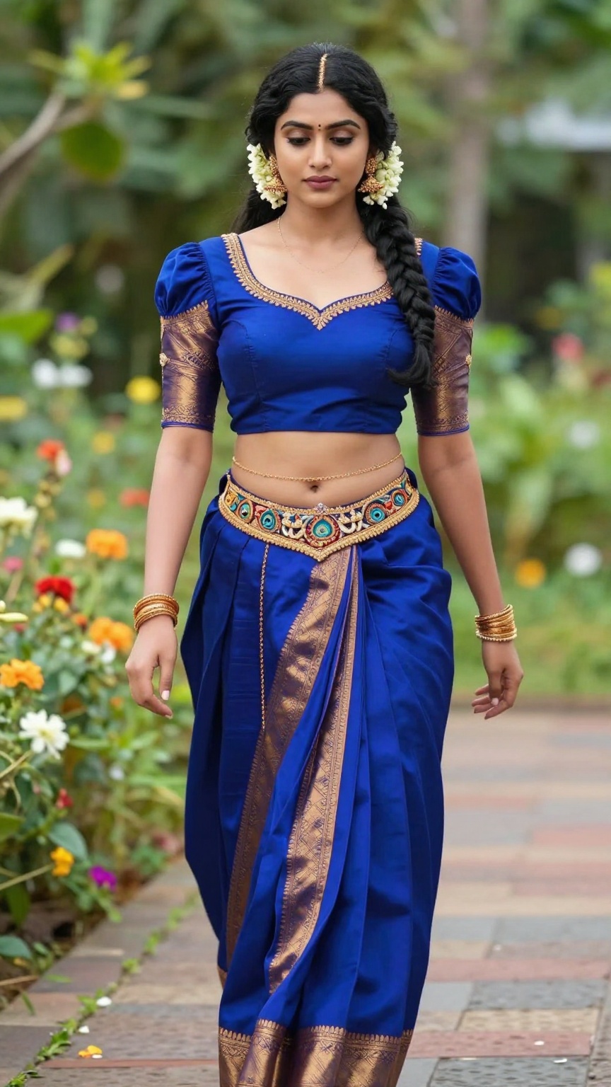 ultra realistic fair-skinned Kerala woman walking through a flower garden,  wearing a royal blue Kerala pattu pavada with...