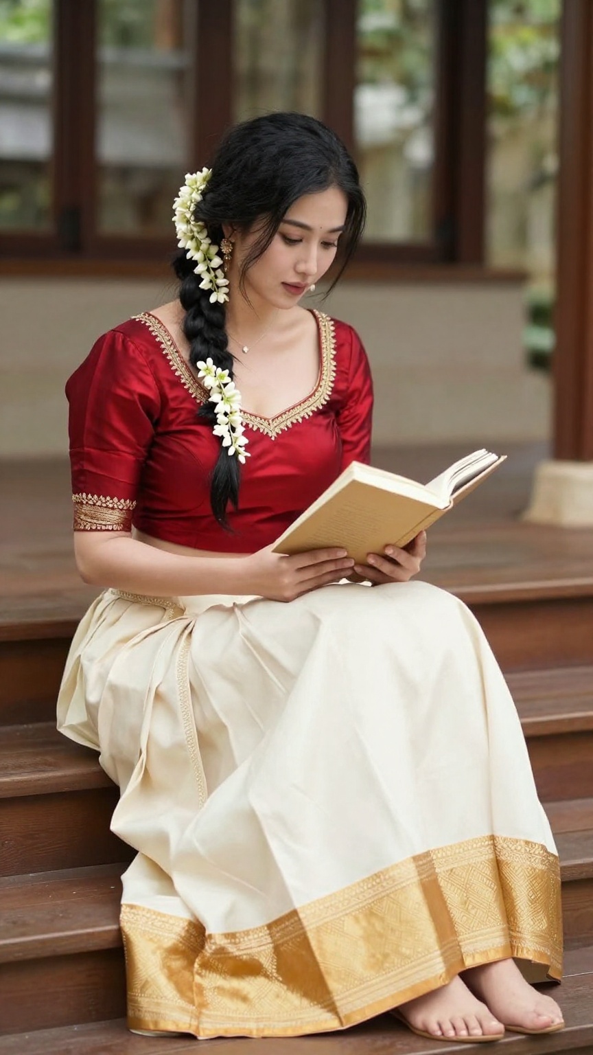 ultra realistic Korean woman sitting on traditional wooden steps reading a book,  wearing an ivory and gold Kerala pattu p...