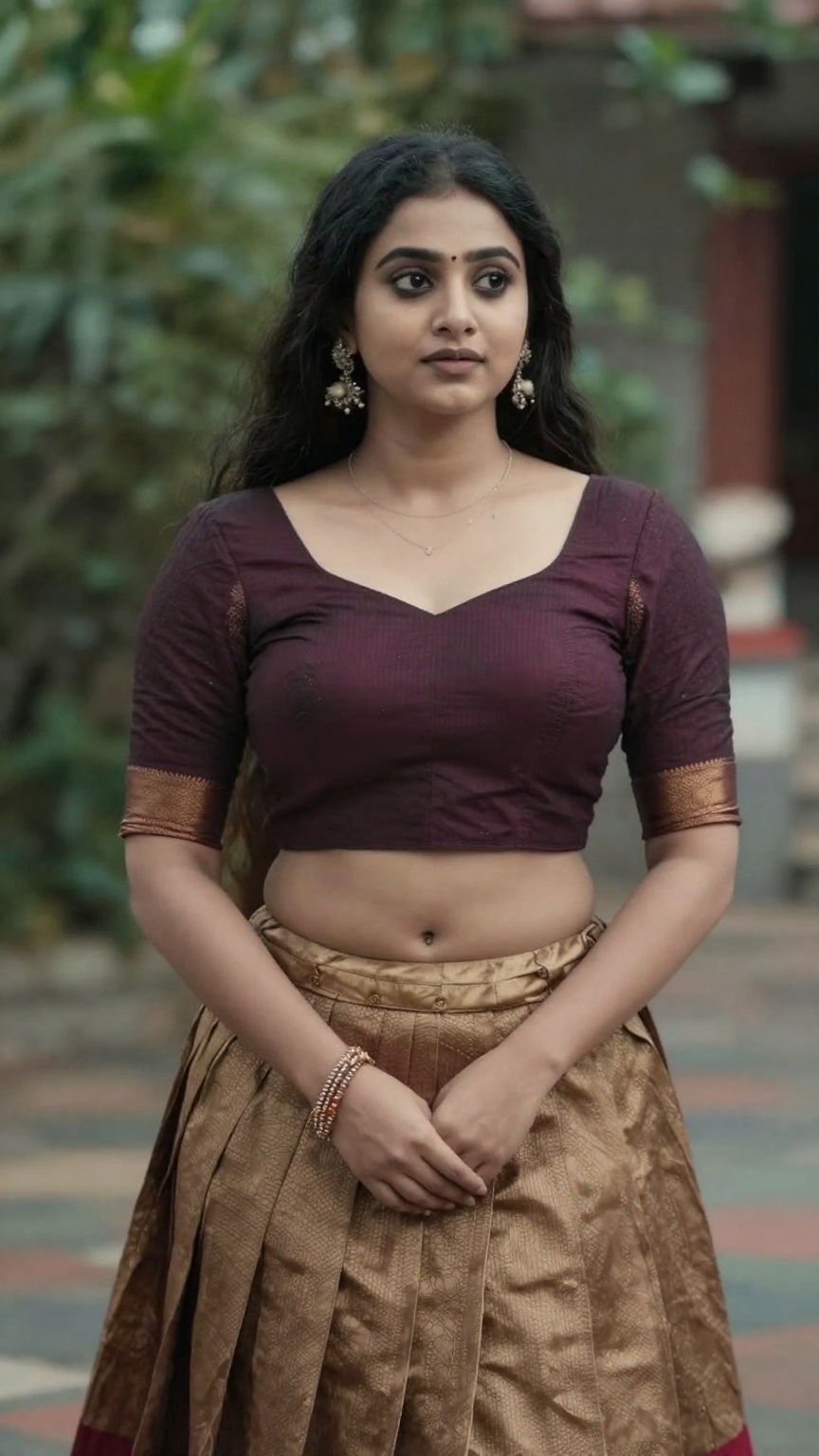 A woman kerala blouse and pavada skirt,  cinematic scene,  realistic portrait on Tensor.Art