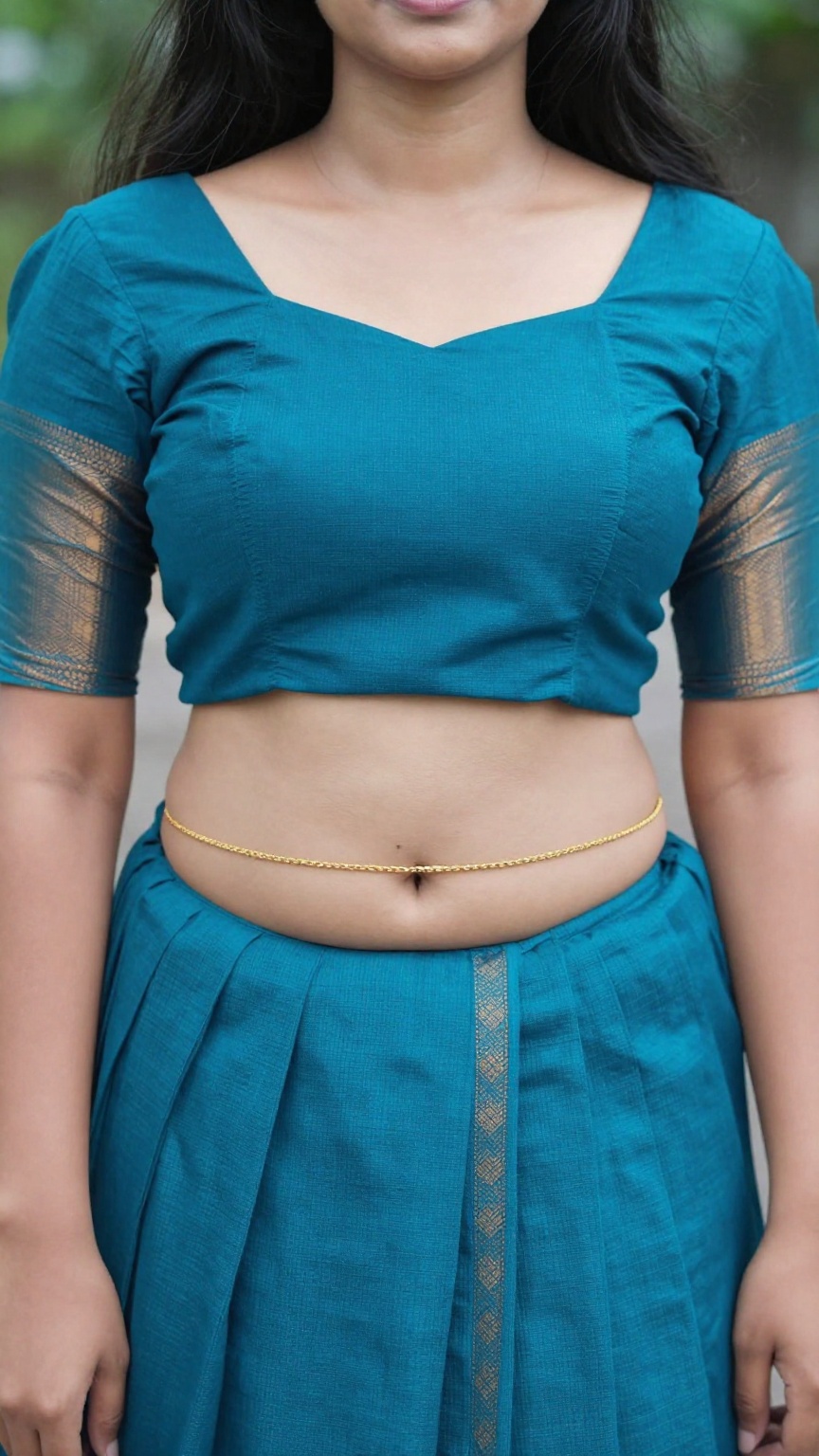 Create a realistic portrait of a young woman wearing a pattu pavadi,  a traditional Kerala outfit consisting of a blouse a...