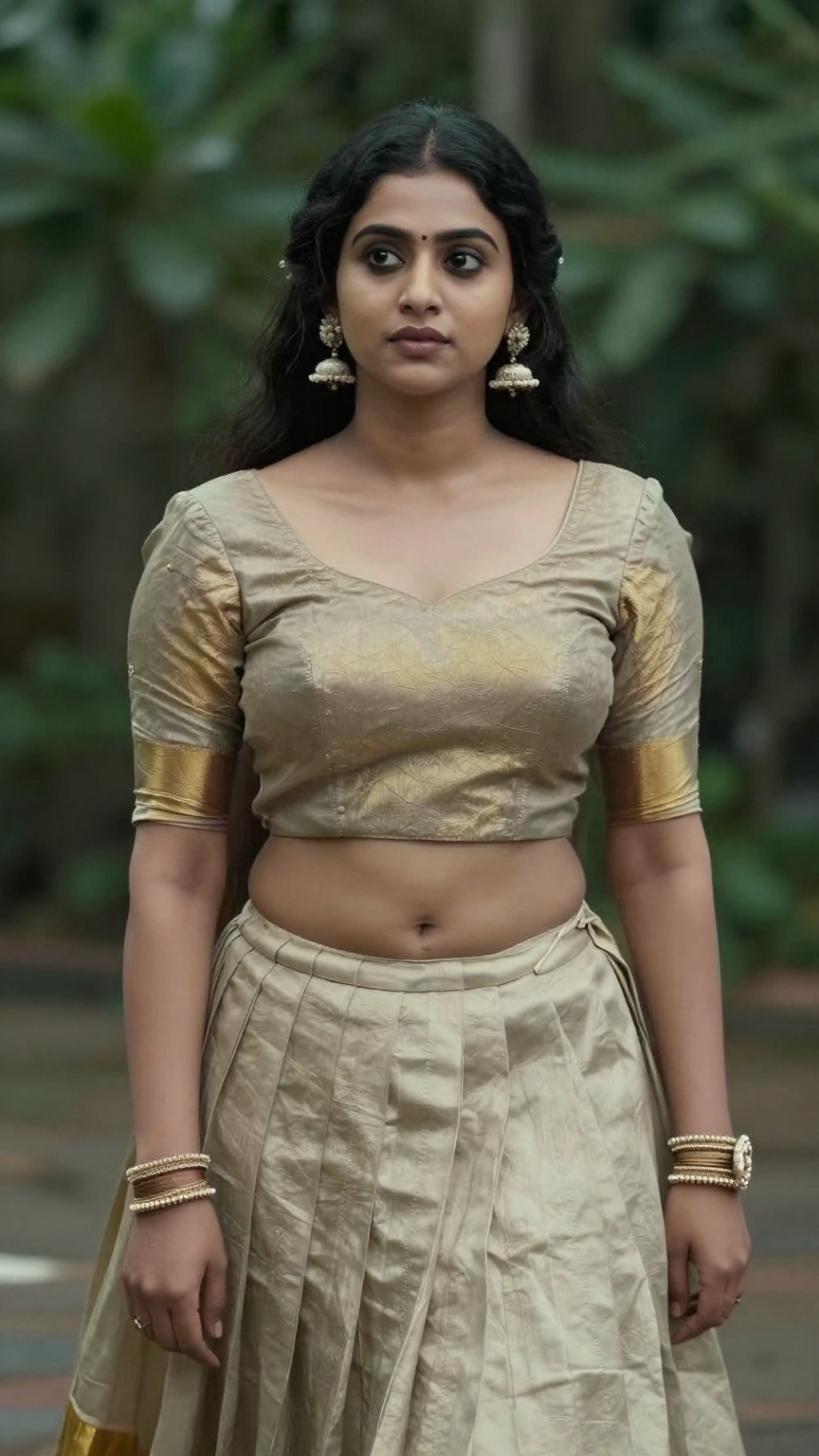 A woman kerala blouse and pavada skirt,  cinematic scene,  realistic portrait on Tensor.Art