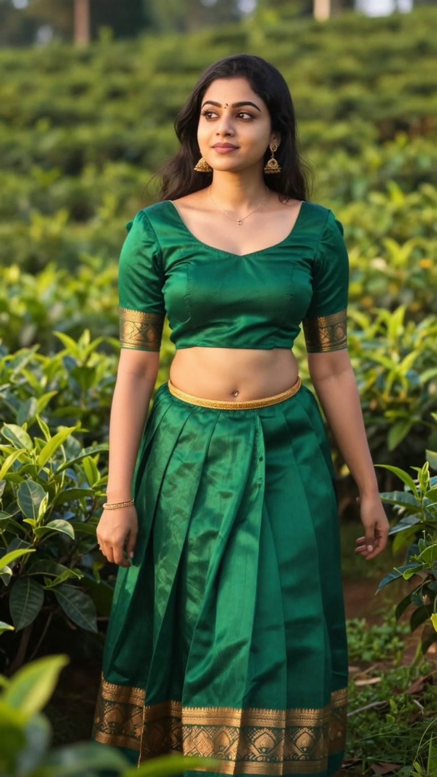 ultra realistic fair-skinned Kerala woman standing in a lush tea plantation during golden hour,  wearing an emerald green...