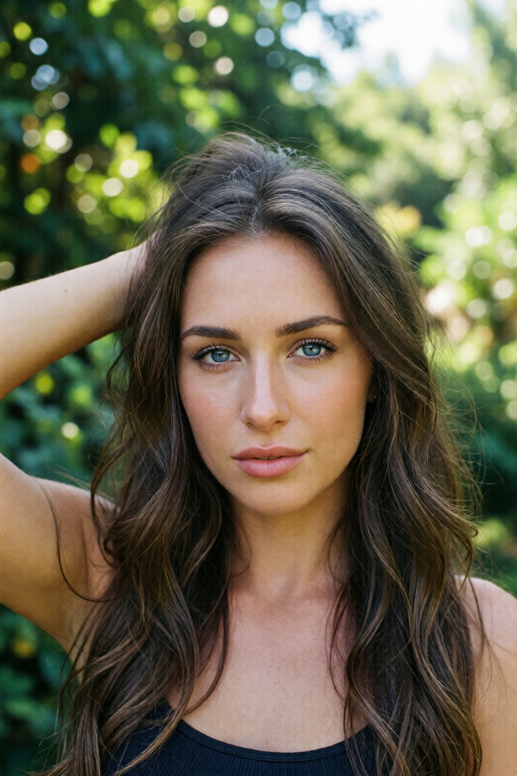 vixens,  A photograph of a woman with wavy brown hair and striking blue eyes. She stands outdoors,  surrounded by lush gre...