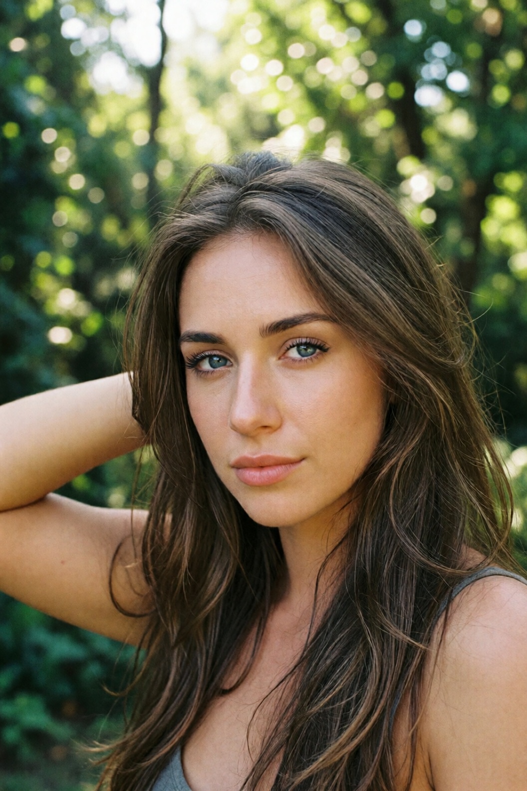 vixens,  A photograph of a woman with wavy brown hair and striking blue eyes. She stands outdoors,  surrounded by lush gre...