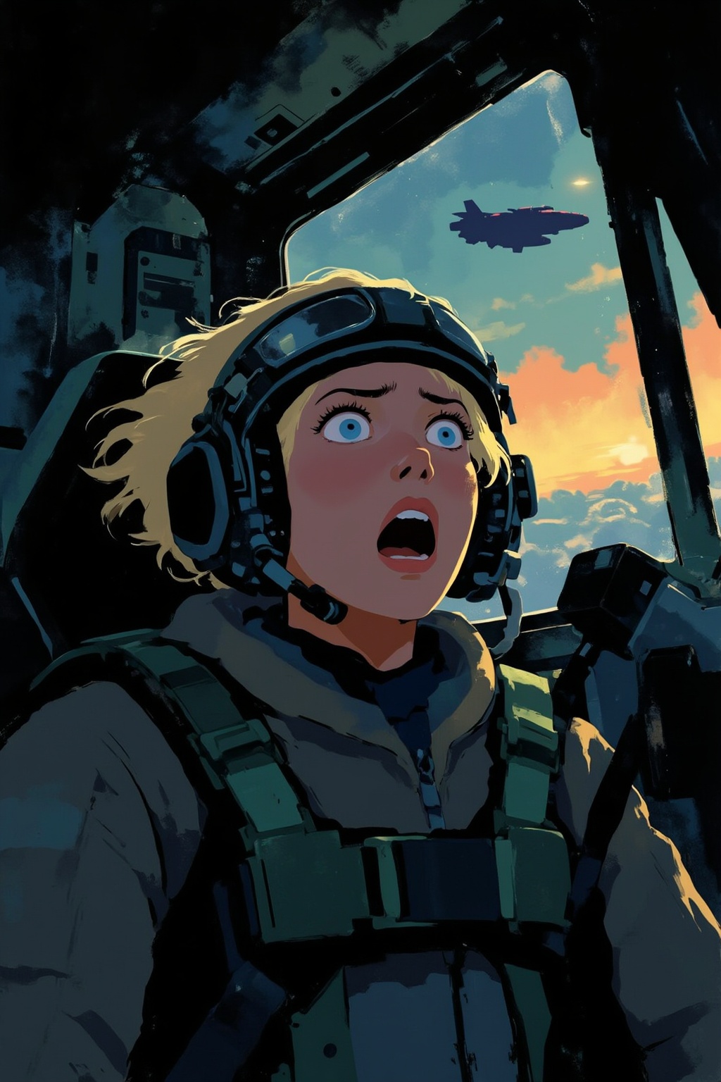 minimalist11z illustration. Young woman with short,  messy blonde hair and blue eyes is shown in 3/4 view,  looking upward...