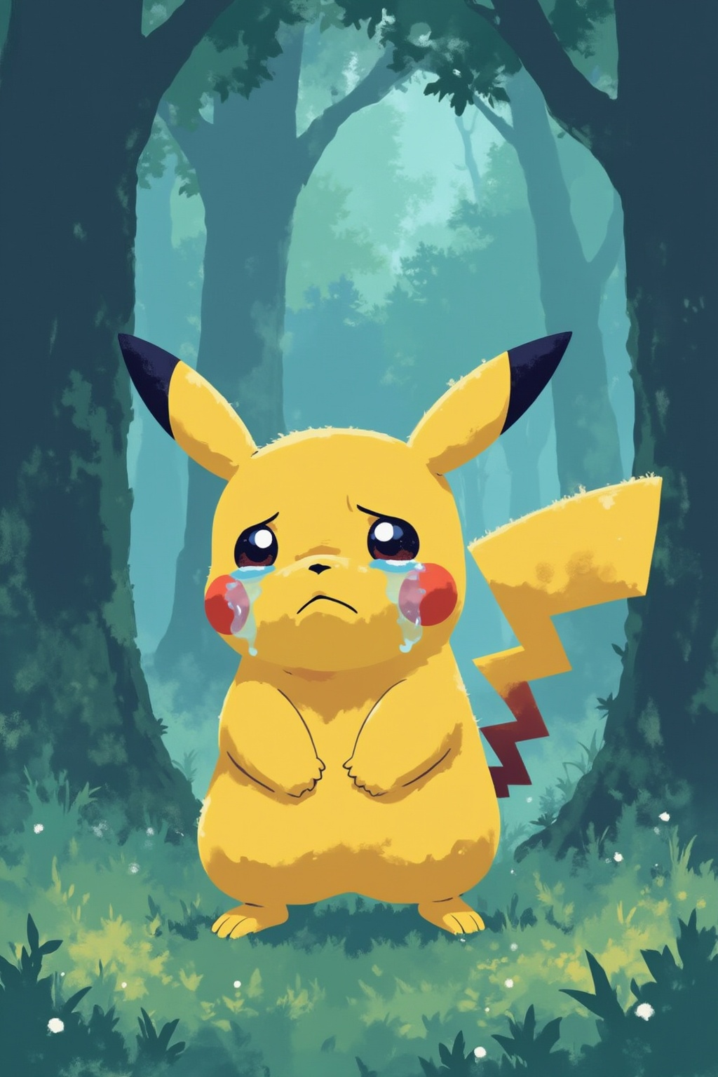 minimalist11z illustration. Sad Pikachu stands centered in a lush forest,  facing the camera with large blue tears streami...