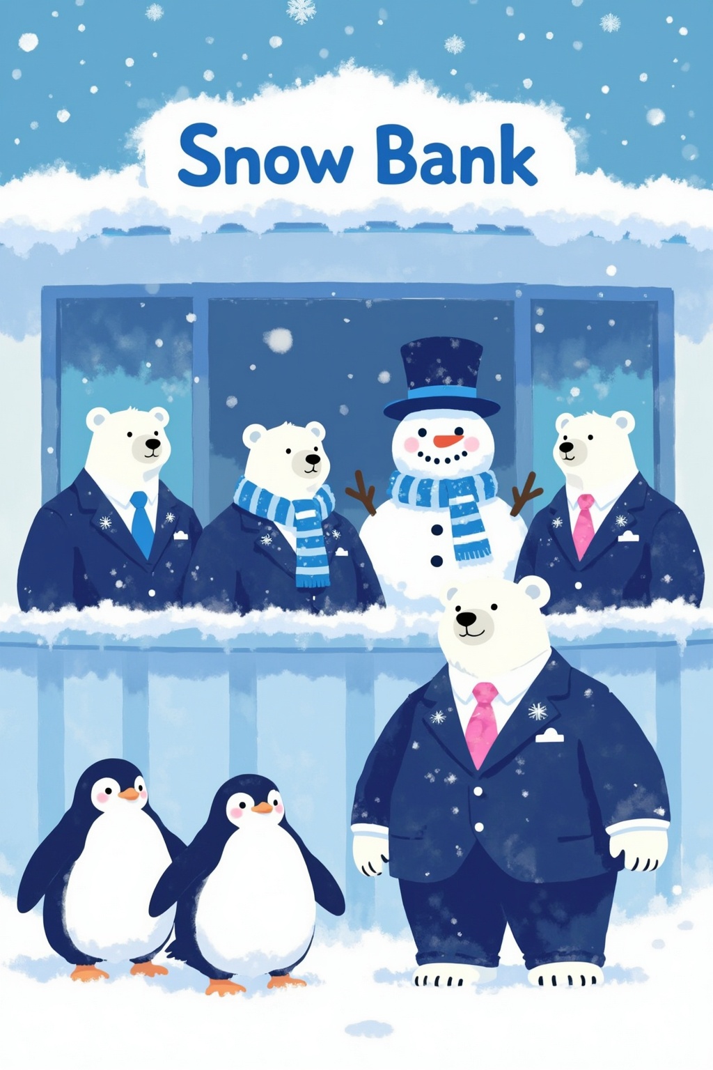 minimalist11z illustration. various snow-themed characters in a wintery scene. In the foreground,  a large polar bear wear...