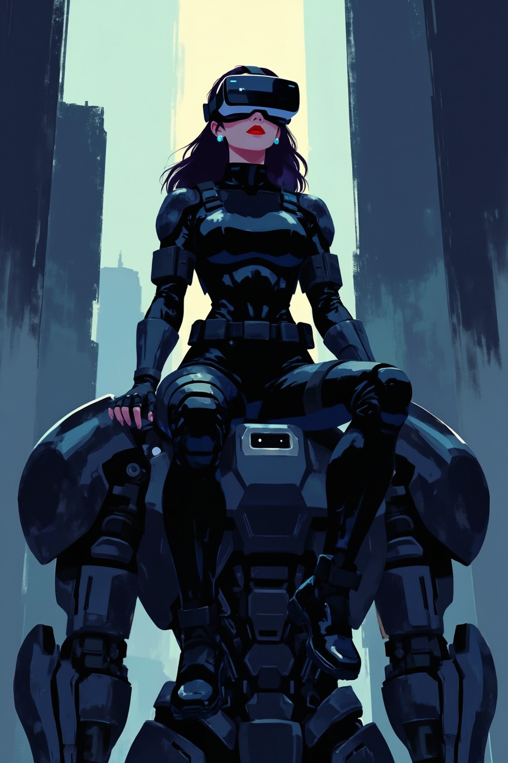 minimalist11z illustration. Low-angle view of a woman with long flowing dark hair and red lips wears a VR headset and blue...