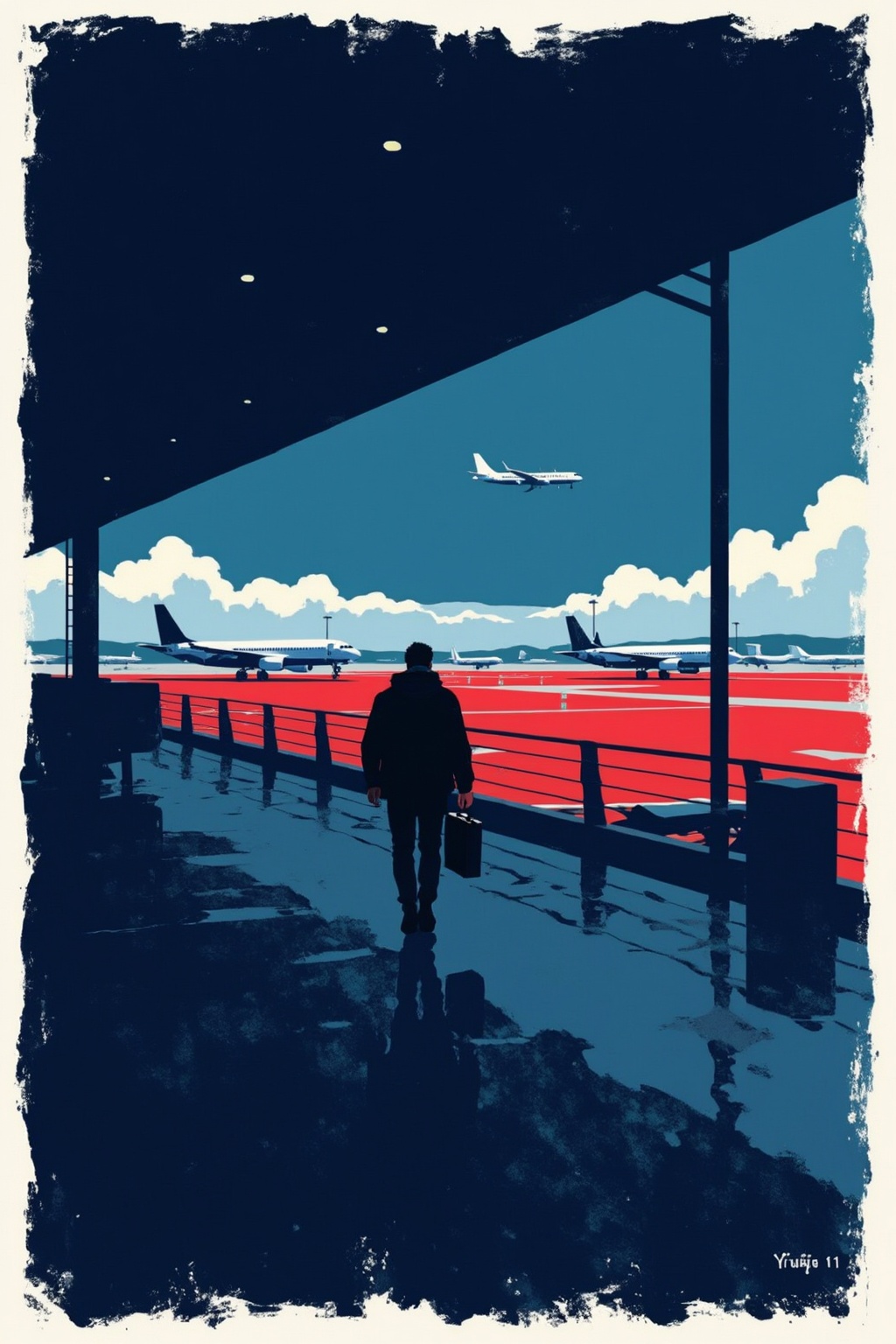 minimalist11z illustration. Dark silhouette of a man walks away from the camera,  his back turned,  under a dark overhead...