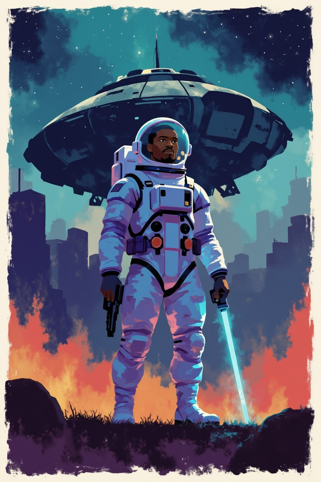 minimalist11z illustration. Low-angle view of an African man in a detailed astronaut suit stands slightly left-facing,  wi...