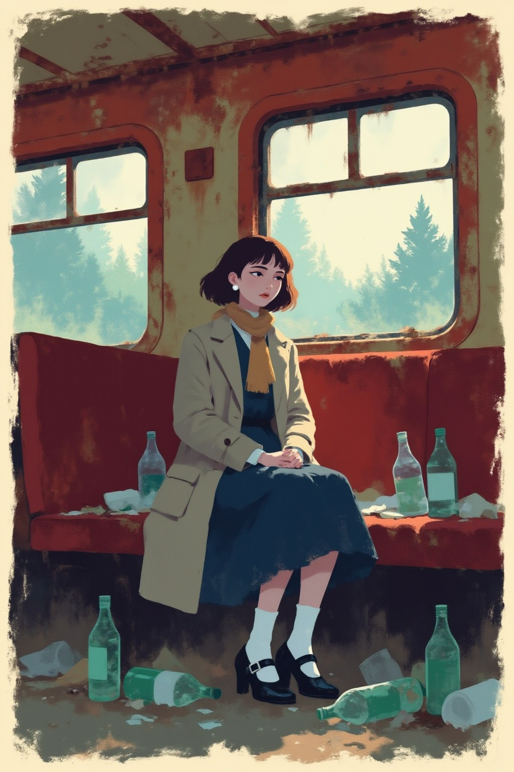minimalist11z illustration. Young woman with chin-length dark brown hair and pearl earrings sits inside a run-down train c...