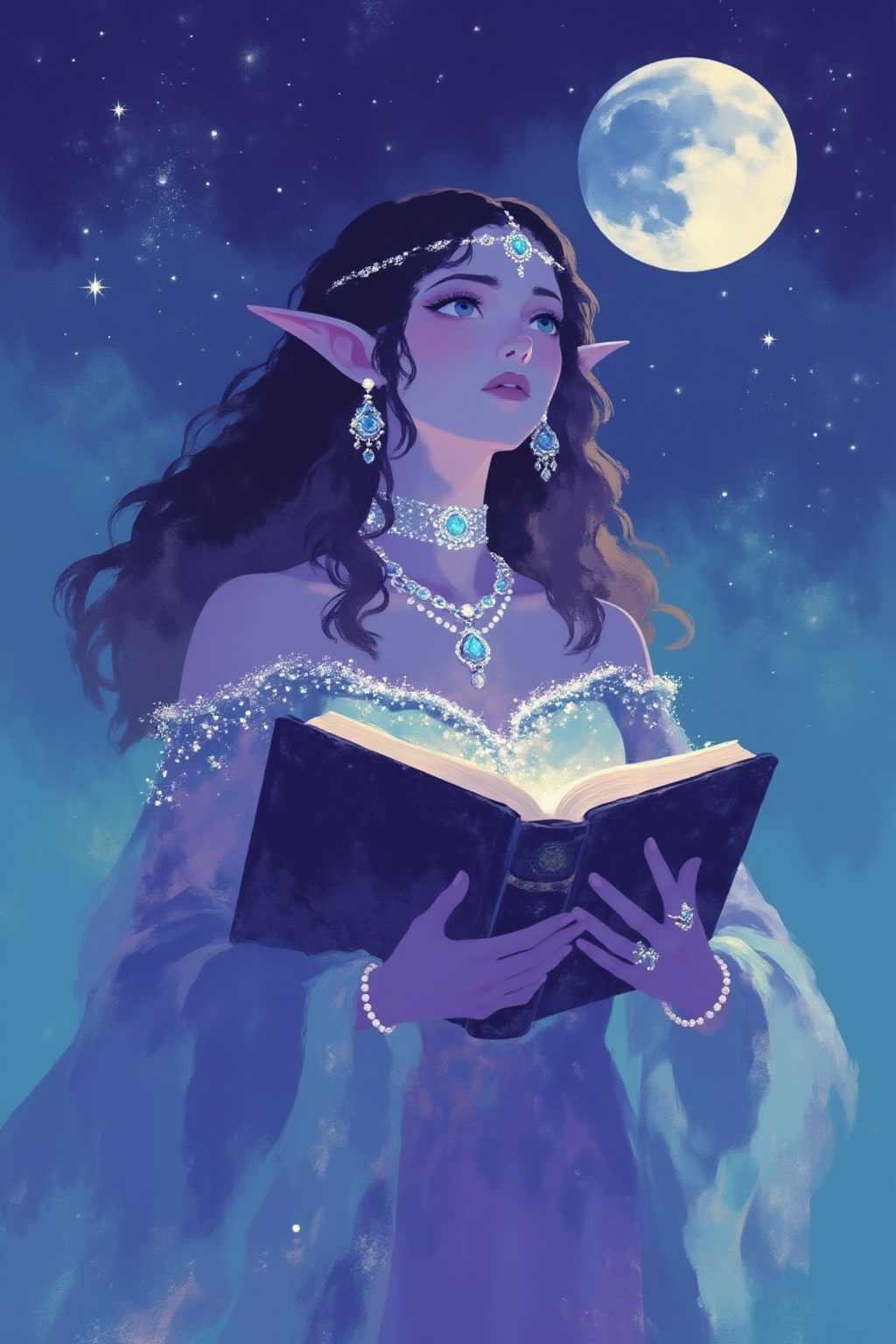 minimalist11z illustration. Female elf with long,  wavy dark hair and pointed ears holds an open book with both hands at c...