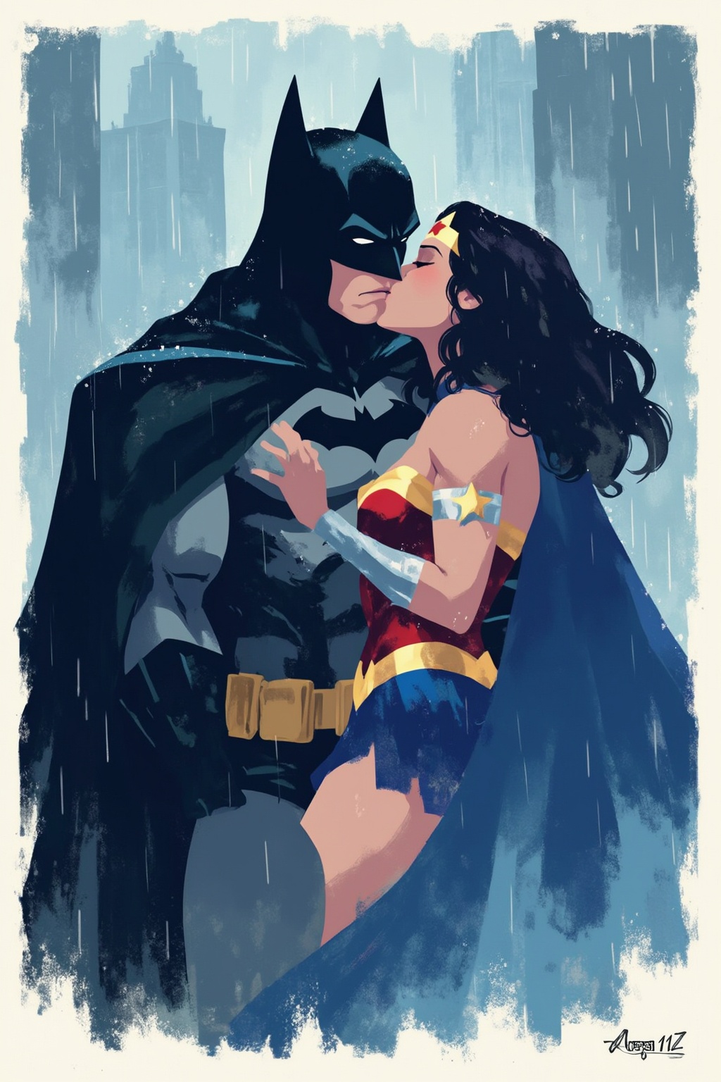 minimalist11z illustration. Batman and Wonder Woman kissing in the rain. on Tensor.Art