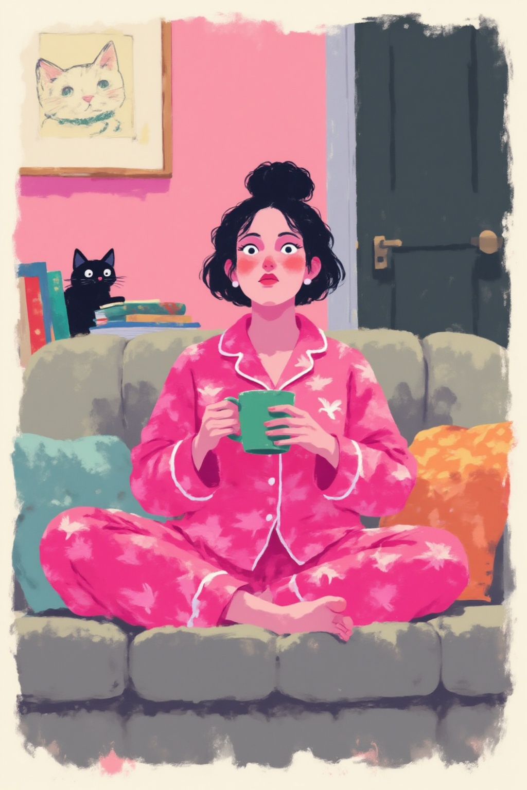 minimalist11z illustration. On the right is a woman with pale skin,  rosy cheeks,  and black hair styled in a tight on Ten...