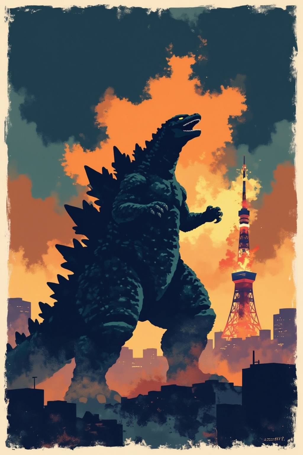 minimalist11z illustration. Godzilla stands menacingly. It has glowing yellow eyes and sharp teeth visible in its open mou...