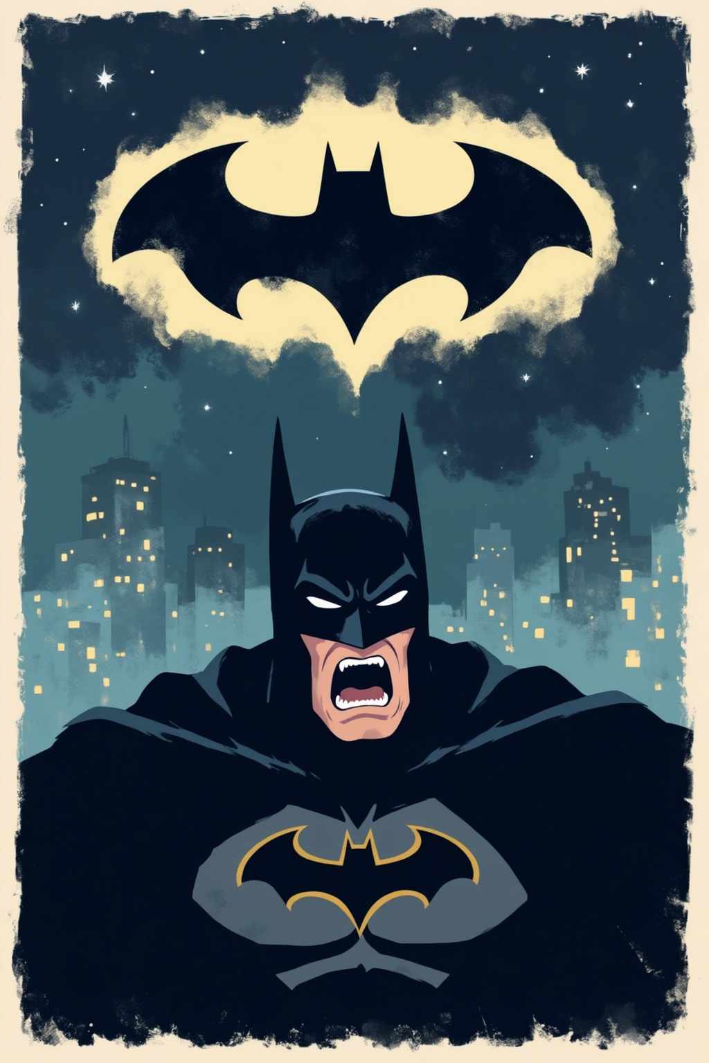 minimalist11z illustration. Batman,  is depicted from the chest up,  facing the viewer with an enraged expression. His mou...
