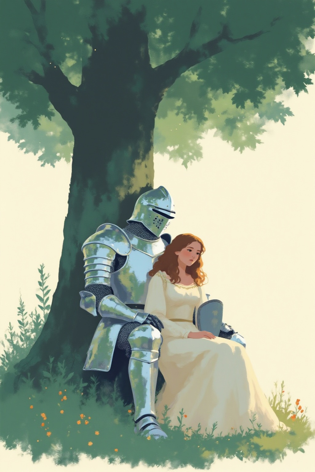 minimalist11z illustration. A knight in full shining silver plate armor sits leaning against a large tree trunk,  his righ...