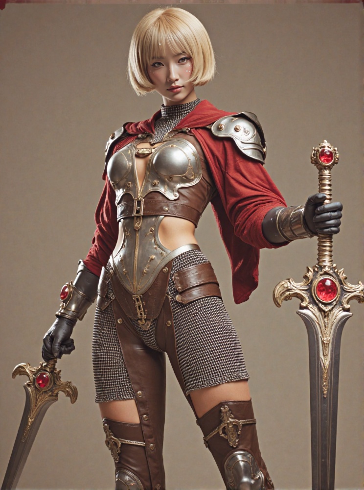 The image depicts a character with short,  platinum blonde hair,  wearing a detailed and intricate costume. The character...