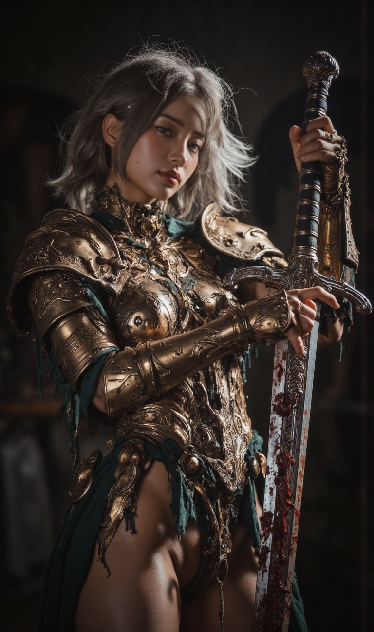 A hyperrealistic,  grimdark woman knight in heavily battle-damaged ornate golden armor,  standing with grim confidence. Th...