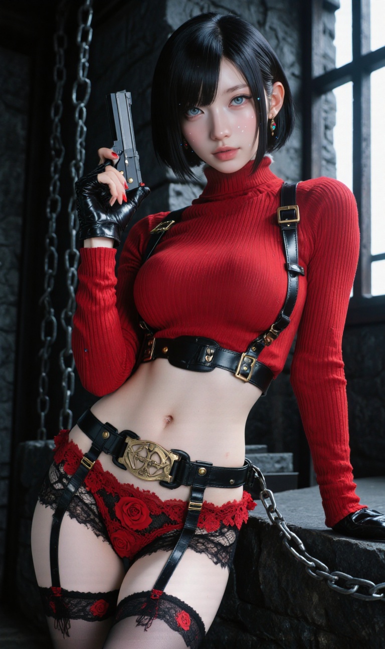 A beautiful young woman cosplaying as Tifa Lockhart from Final Fantasy,  short black hair with side-swept bangs,  gray eye...