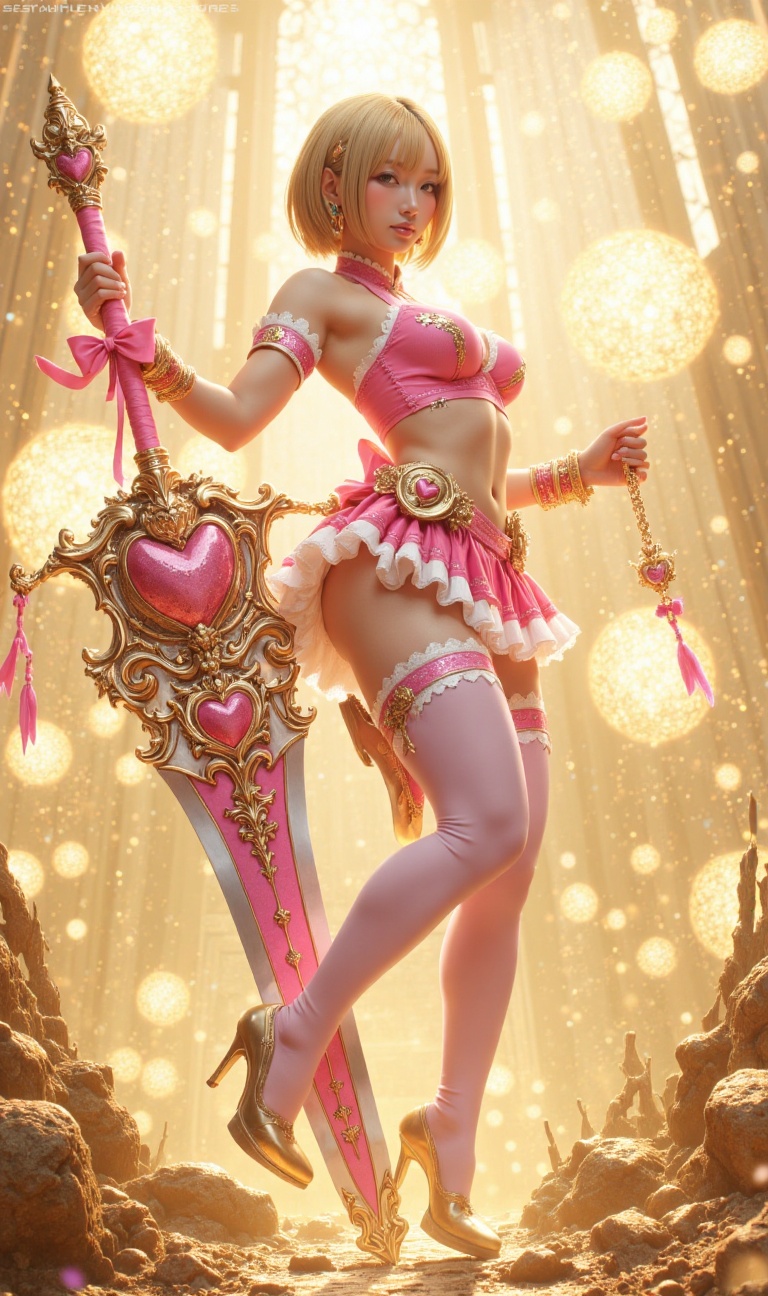 Photorealistic The image depicts a stylized,  woman with short blonde hair and blue eyes,  wearing a pink and gold outfit...