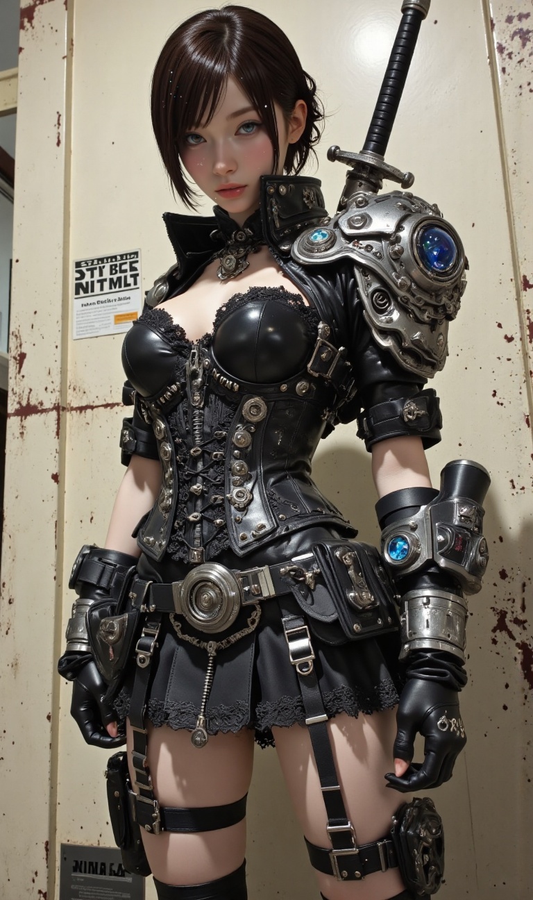 The image depicts a person dressed in a detailed,  steampunk-inspired outfit. The individual is wearing a black corset wit...