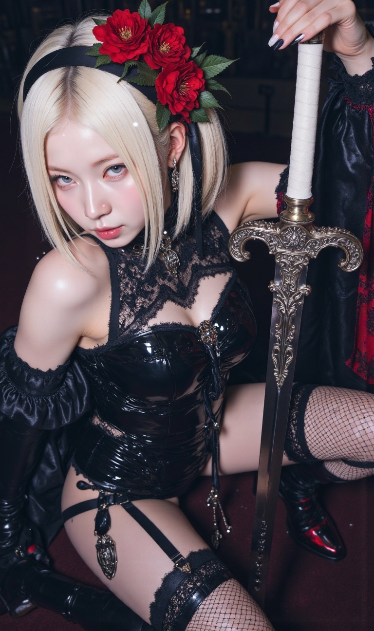 Reina Valkyria,  stunning assassin with short platinum blonde hair,  blue eyes on Tensor.Art